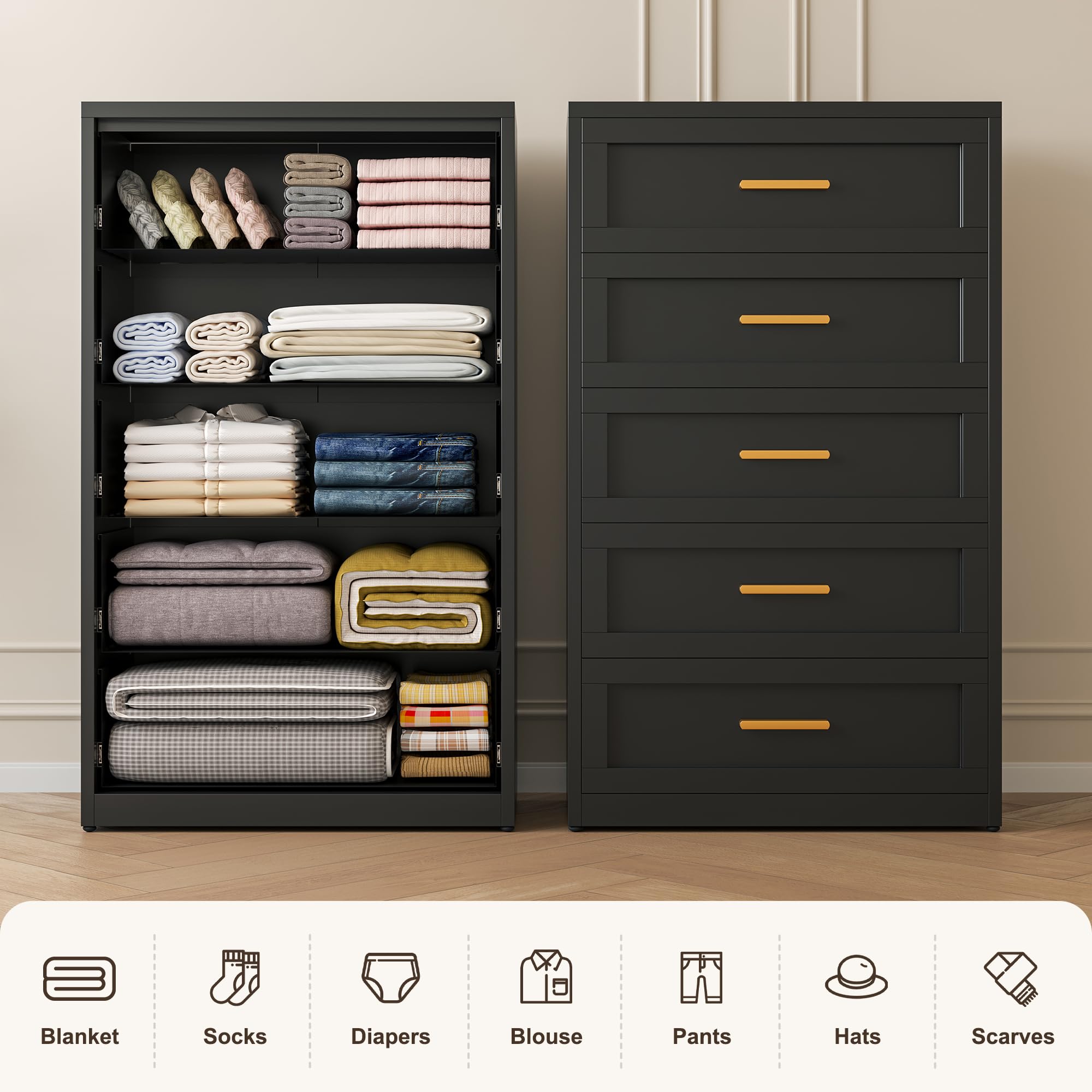 5-Drawer Black Metal Dresser for Bedroom - Tall White & Gold Storage Chest for Closet, Living Room, Office, Hallway | Space-Saving Organizer for Clothes, Linens & Home Essentials