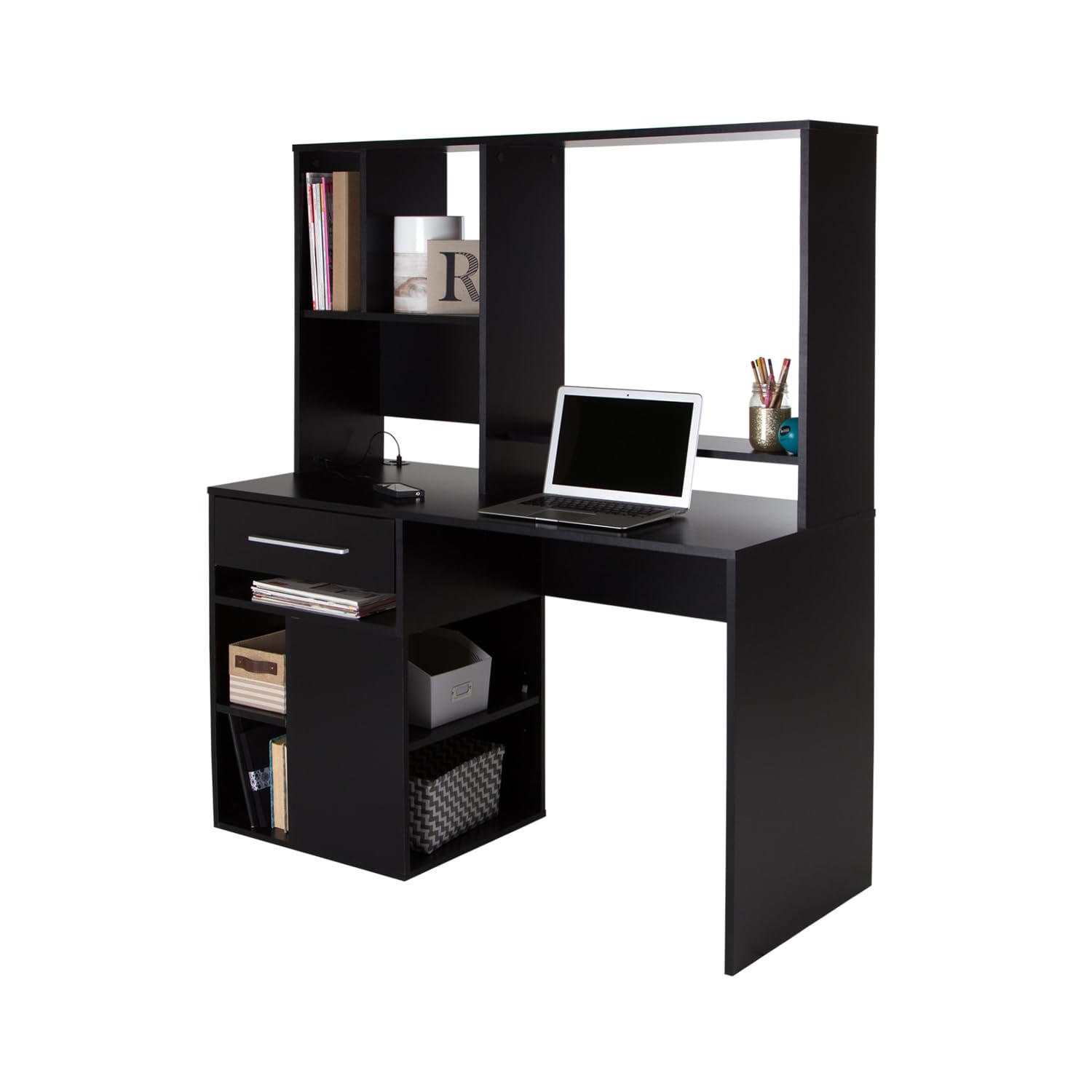 South Shore Narrow Home Office Computer Desk with Hutch in Pure Black - Perfect for Small Spaces, Work from Home & Study