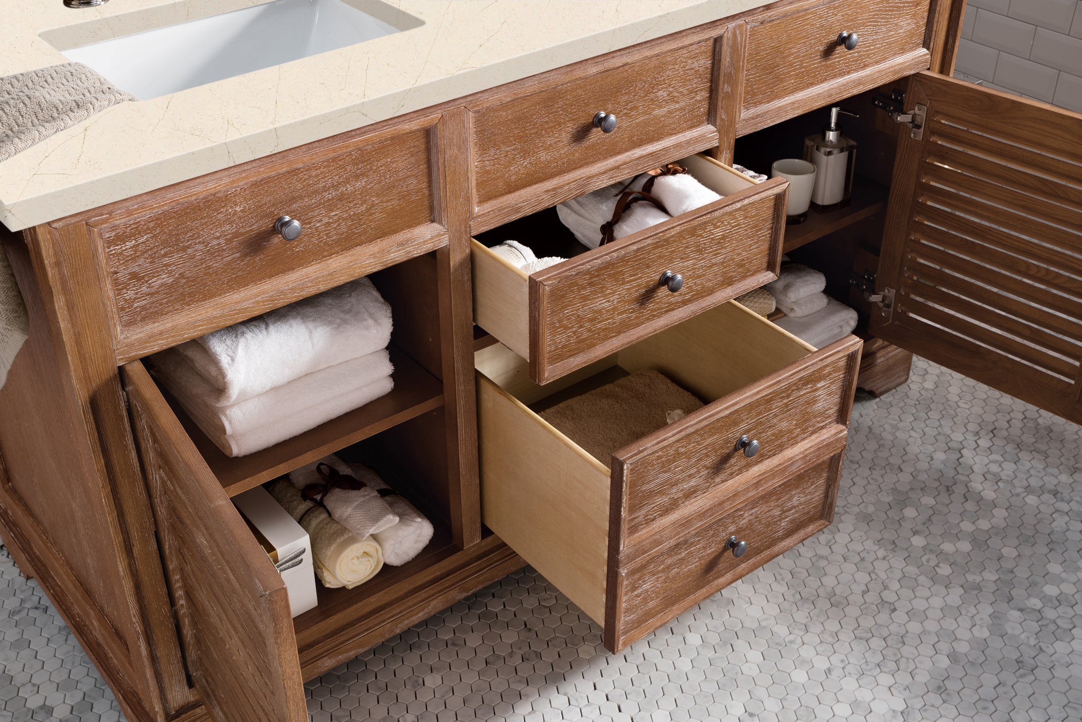 Savannah 60-Inch Double Vanity Cabinet in Driftwood Finish with 3CM Eternal Marfil Quartz Top - Perfect for Master Bathroom Renovation & Luxury Home Upgrade