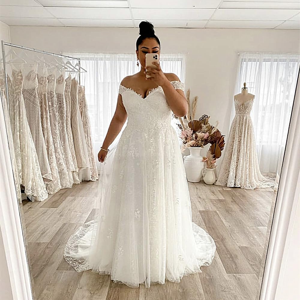 Elegant Off Shoulder Lace Wedding Dress with Train - Princess Tulle Ball Gown for Bride | Perfect for Church Ceremony, Beach Wedding & Romantic Photoshoots