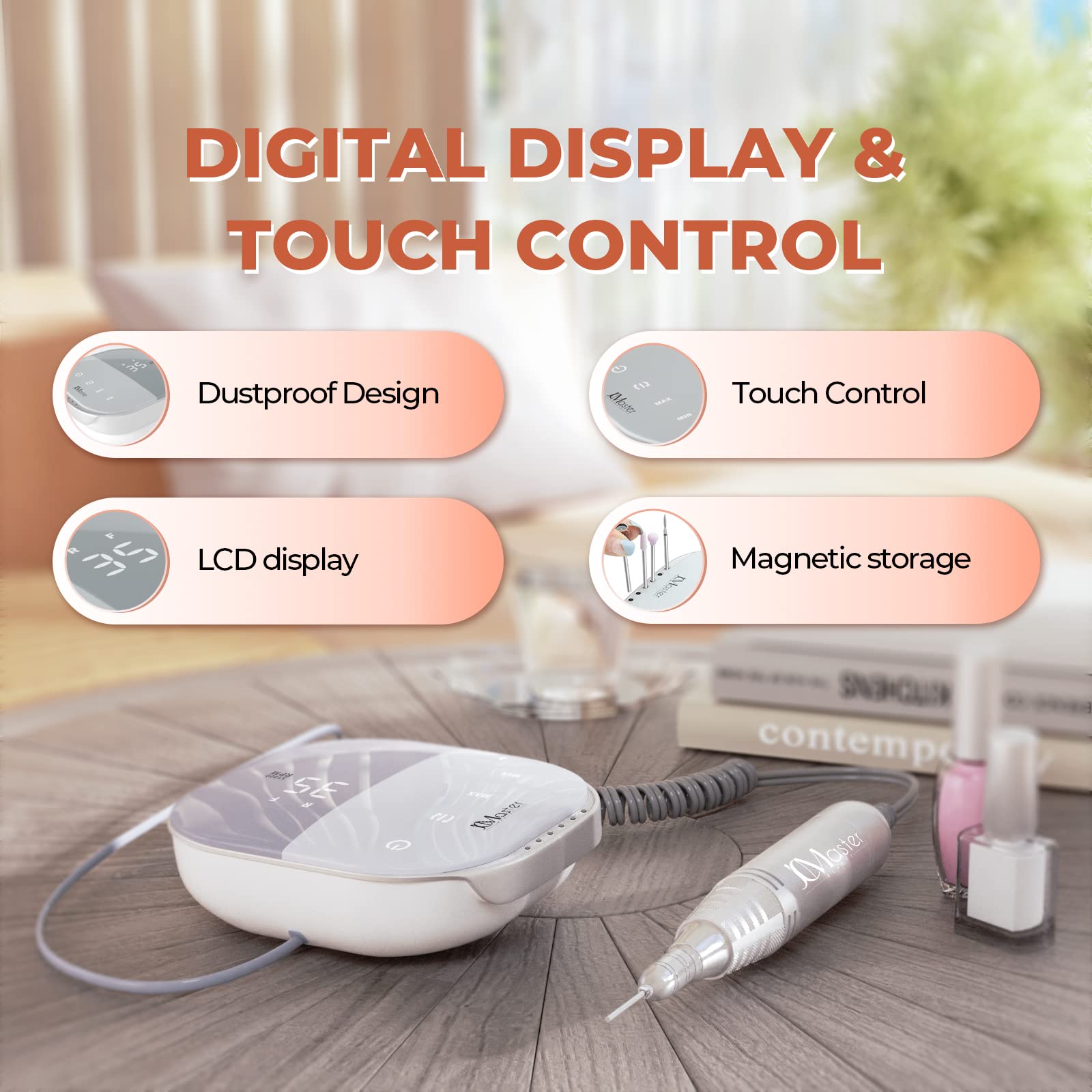 JCMASTER® TouchPro+ Professional Electric Nail Drill Kit - 35000RPM Portable Nail File Machine with LED Display & Touch Control for Gel, Acrylic & Thick Nails | Salon & Home Manicure Use