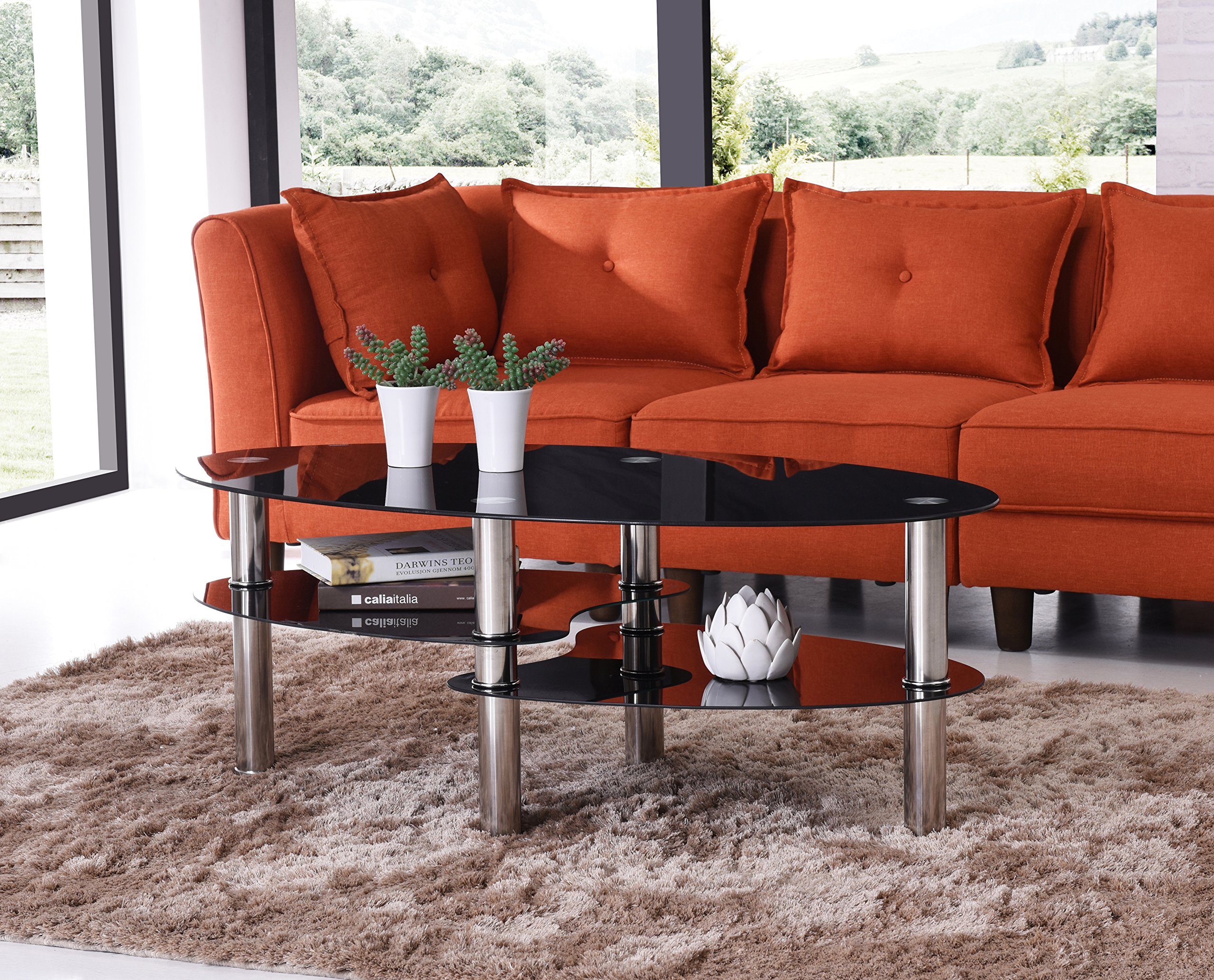 Hodedah 3-Tier Oval Tempered Glass Coffee Table - Modern Black End Table for Living Room, Bedroom & Office Decor