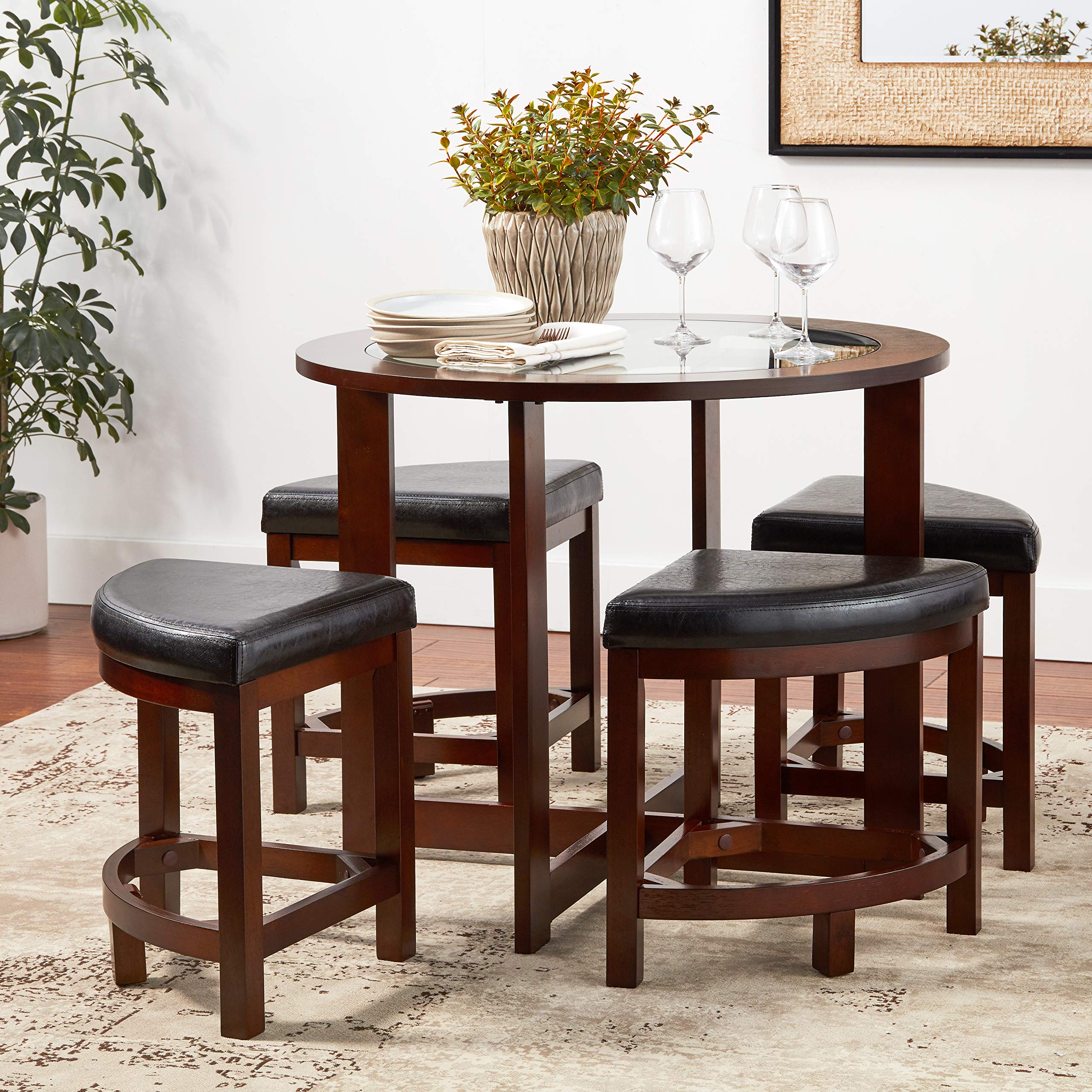 Roundhill Furniture Cylina Solid Wood Glass Top Round Dining Table with 4 Chairs - Modern Kitchen & Dining Room Set for Family Gatherings & Dinner Parties