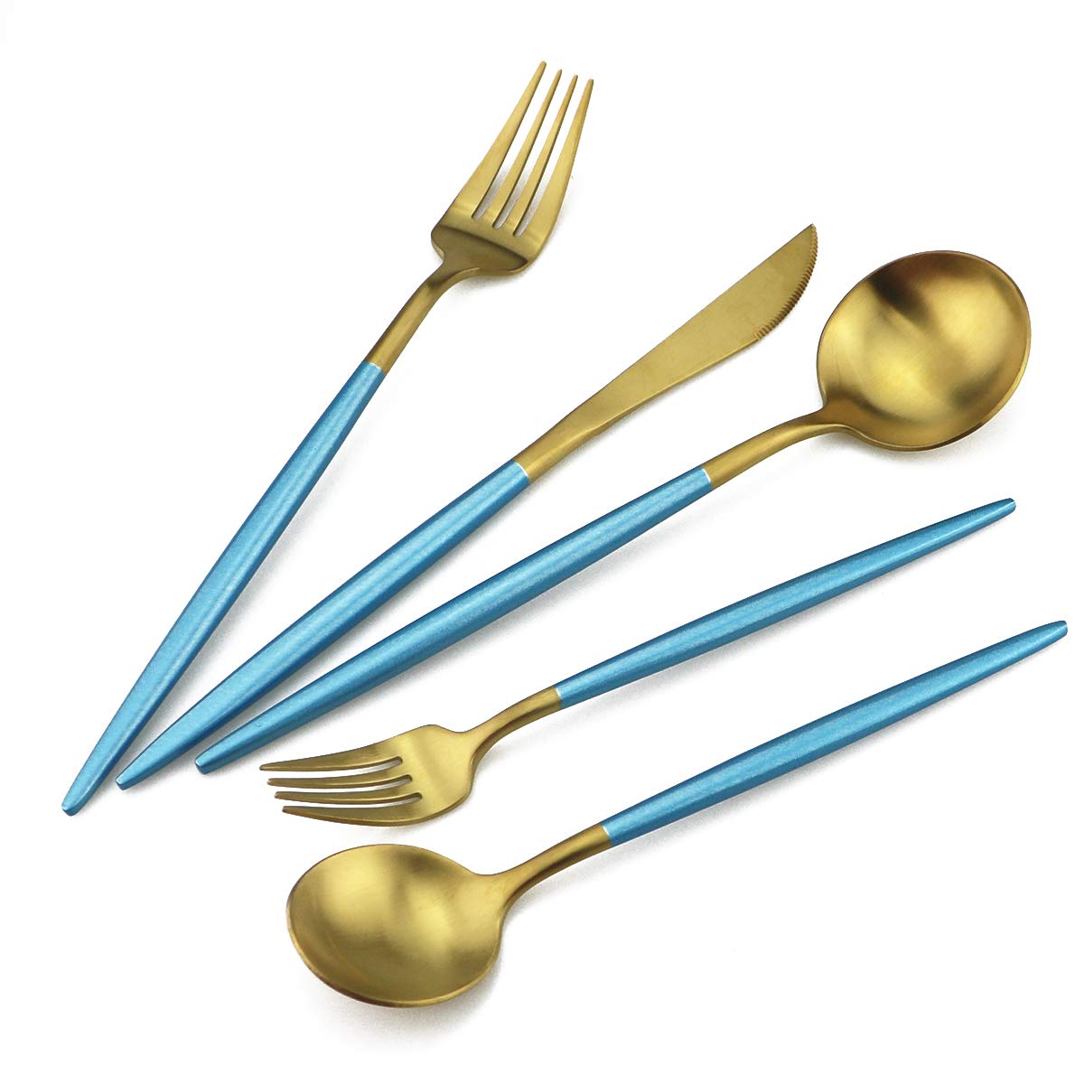Premium 20-Piece Blue Gold Flatware Set - 18/10 Stainless Steel Cutlery with Matte Blue Handles (Forks, Spoons, Knives) - Elegant Dinnerware for 4 - Perfect for Home Dining, Camping & Travel Utensils
