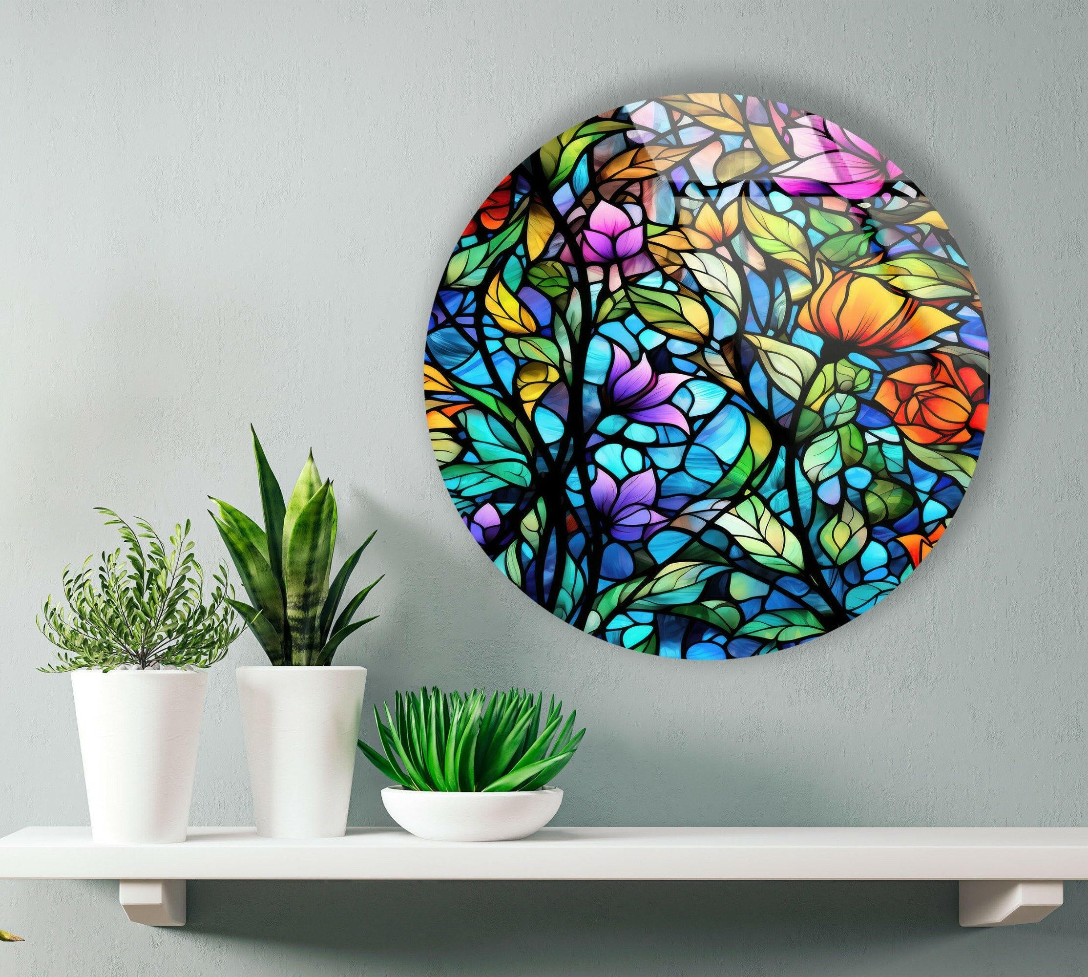 Vibrant Floral Stained Glass Round Wall Art - Handmade Decorative Piece for Living Room, Bedroom, or Office Décor