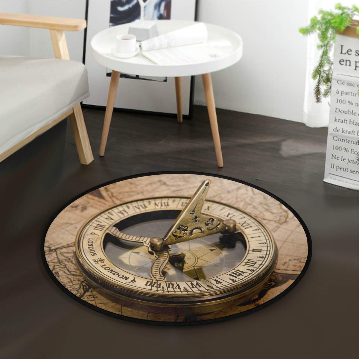 ALAZA Vintage World Map Compass Round Area Rug - 3' Diameter (92 cm) Non-Slip Living Room & Bedroom Rug - Perfect for Home Decor, Office, Dorm Room & Travel Themed Spaces