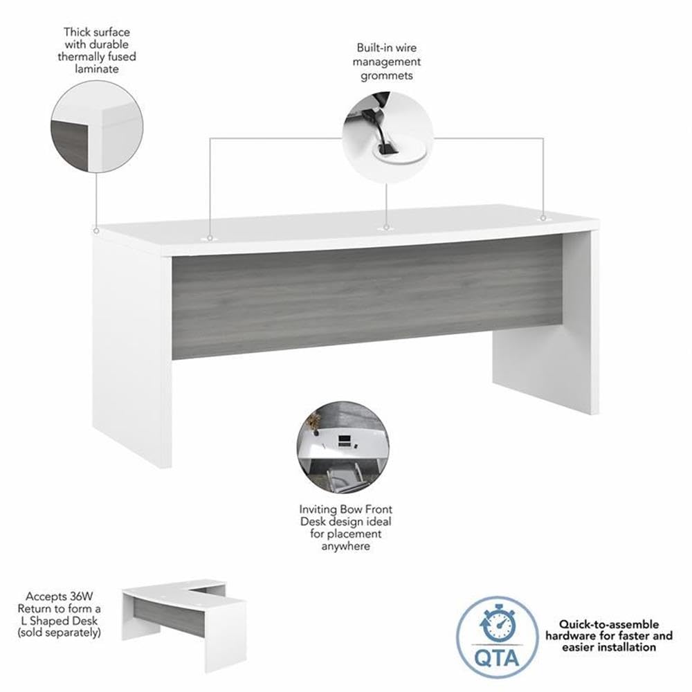 Bush Business Furniture Echo Bow Front Desk 72W - Pure White & Shiplap Gray Home Office Desk for Modern Workspace | Perfect for Small Office, Study Room or Home Office Setup