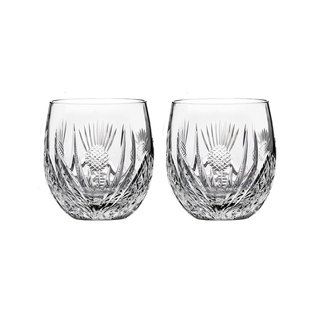 Premium Scottish Thistle Hand-Cut Glass Whisky Barrel Tumblers Set of 2 - 8oz Elegant Gift Box - Perfect for Scotch Whiskey Tasting, Home Bar Decor & Wedding Gifts