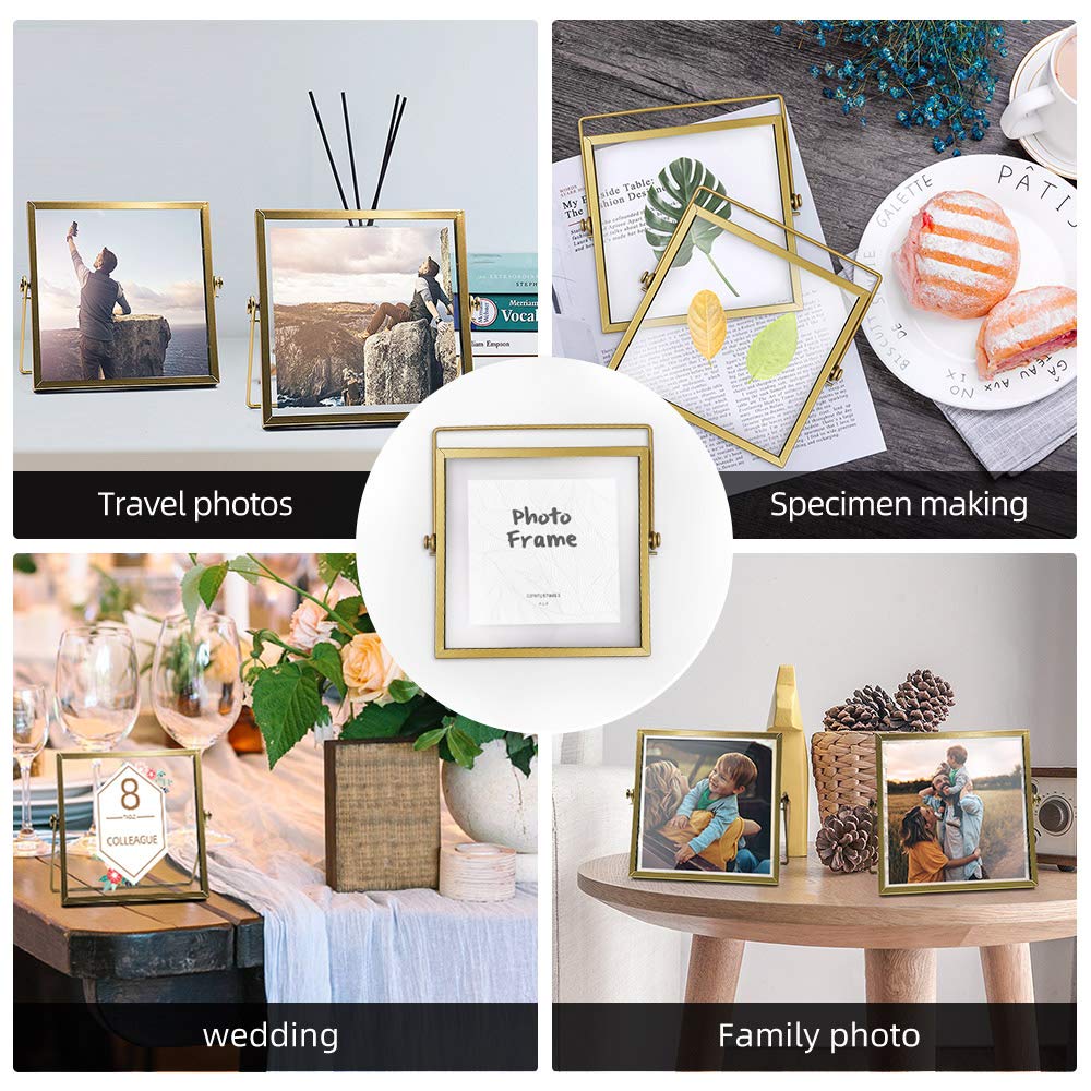 AceList 3-Pack Gold Metal Photo Frames 4x4 - Elegant Floating Glass for Home & Office Decor
