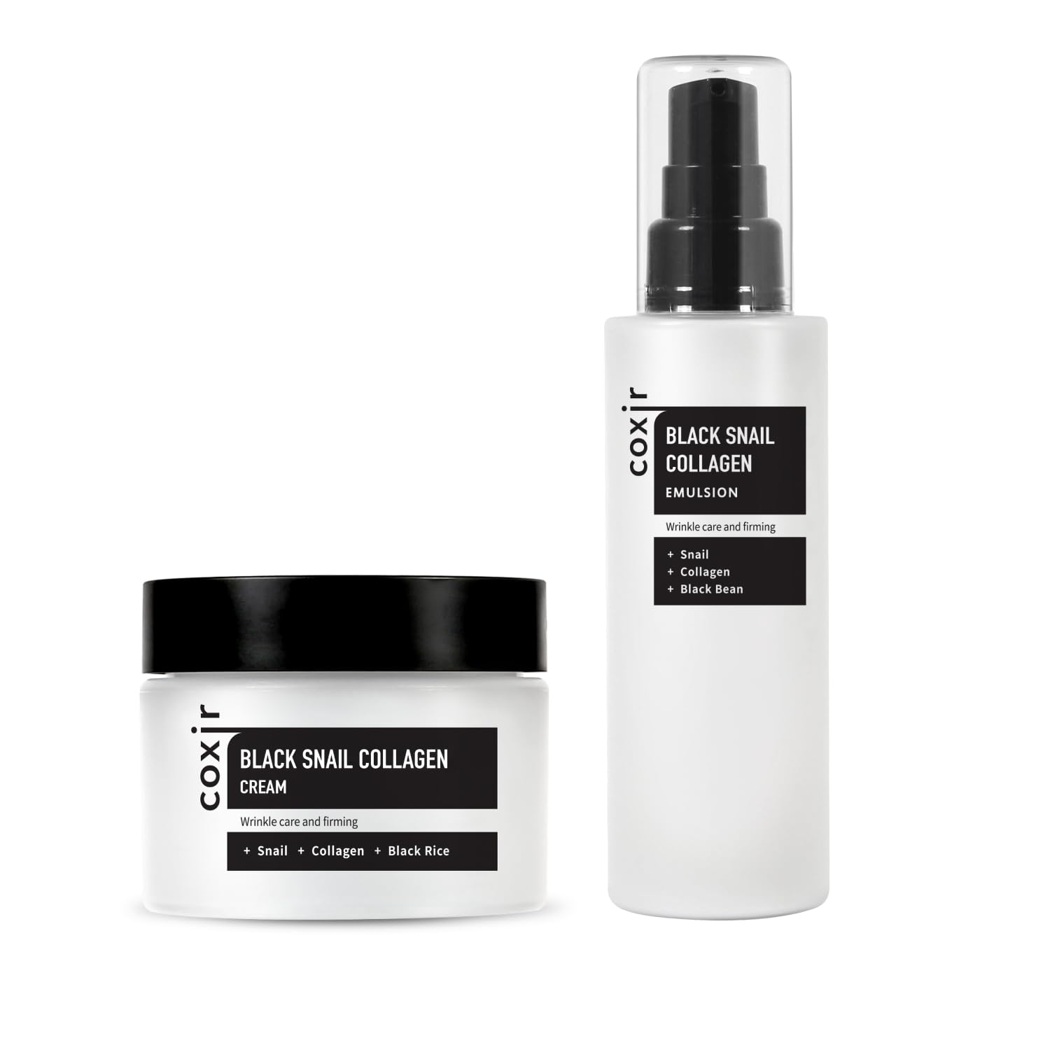 Coxir Black Snail Collagen Cream 1.69 fl.oz + Emulsion 3.38 fl.oz | Korean Snail Mucin Skincare Set for Firming & Moisturizing, Anti-Aging Face Cream, Cruelty-Free | Day & Night Hydration Routine for Dry & Sensitive Skin
