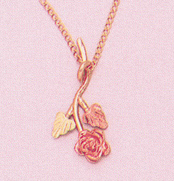 10K Solid Gold Three-Tone Rose Pendant with Red & Green Leaves & 18