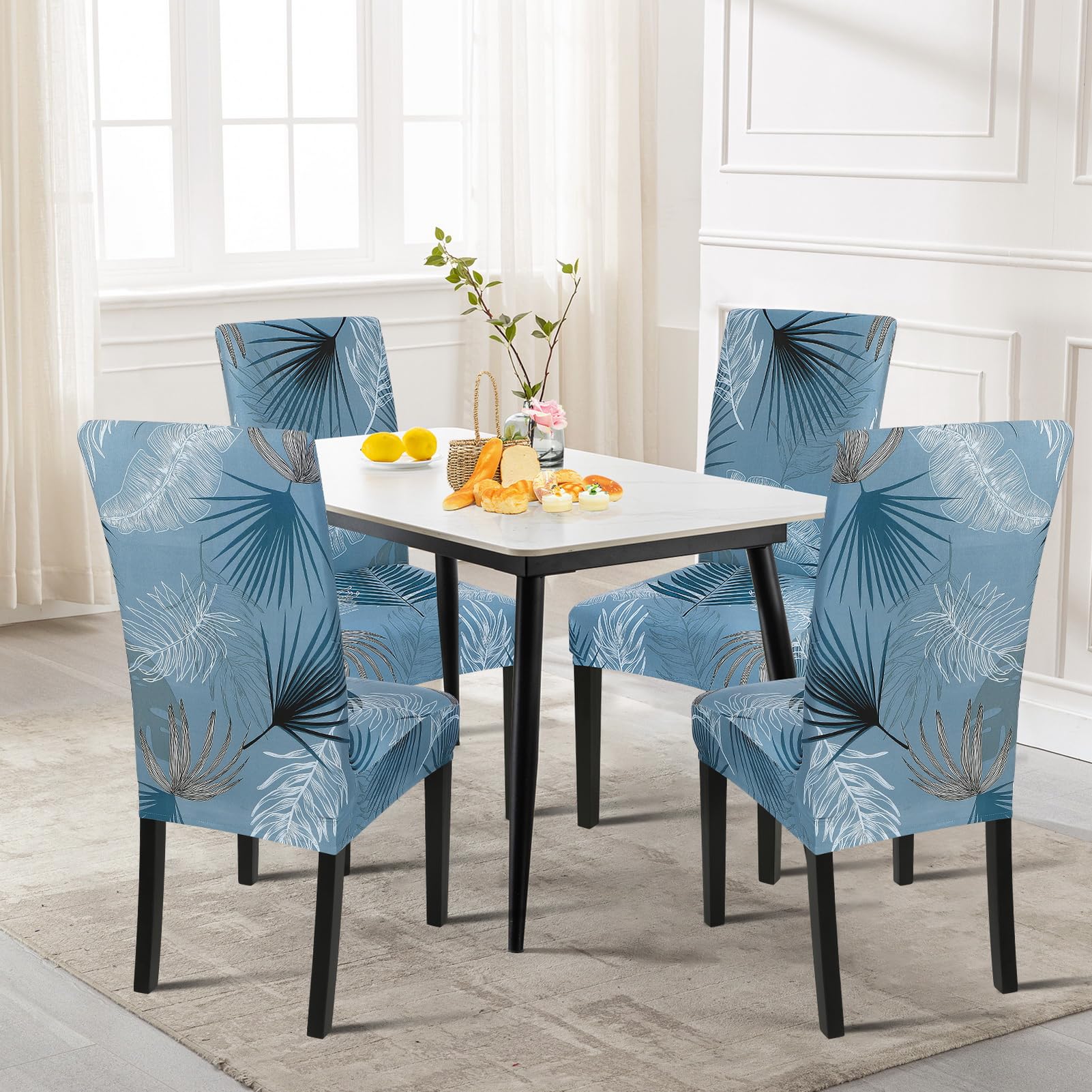 Stretch Printed Parsons Chair Slipcovers Set of 4 - Summer Pattern Spandex Dining Room Chair Covers, Washable & Removable Kitchen Chair Protectors for Home, Hotel, Wedding Ceremony (Blue) - Perfect for Indoor Dining, Party Decor & Event Seating