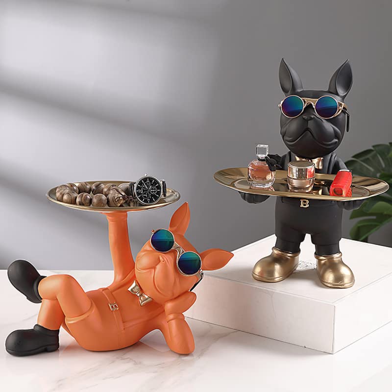 Resin Bulldog Tray Statue - Animal Sculpture Key Holder, Jewelry & Earrings Organizer - Desk Storage for Home, Office, Living Room - Decorative Tray for Keys, Candy, Small Items (Black) - Perfect for Entryway, Vanity, Coffee Table & Gift Giving