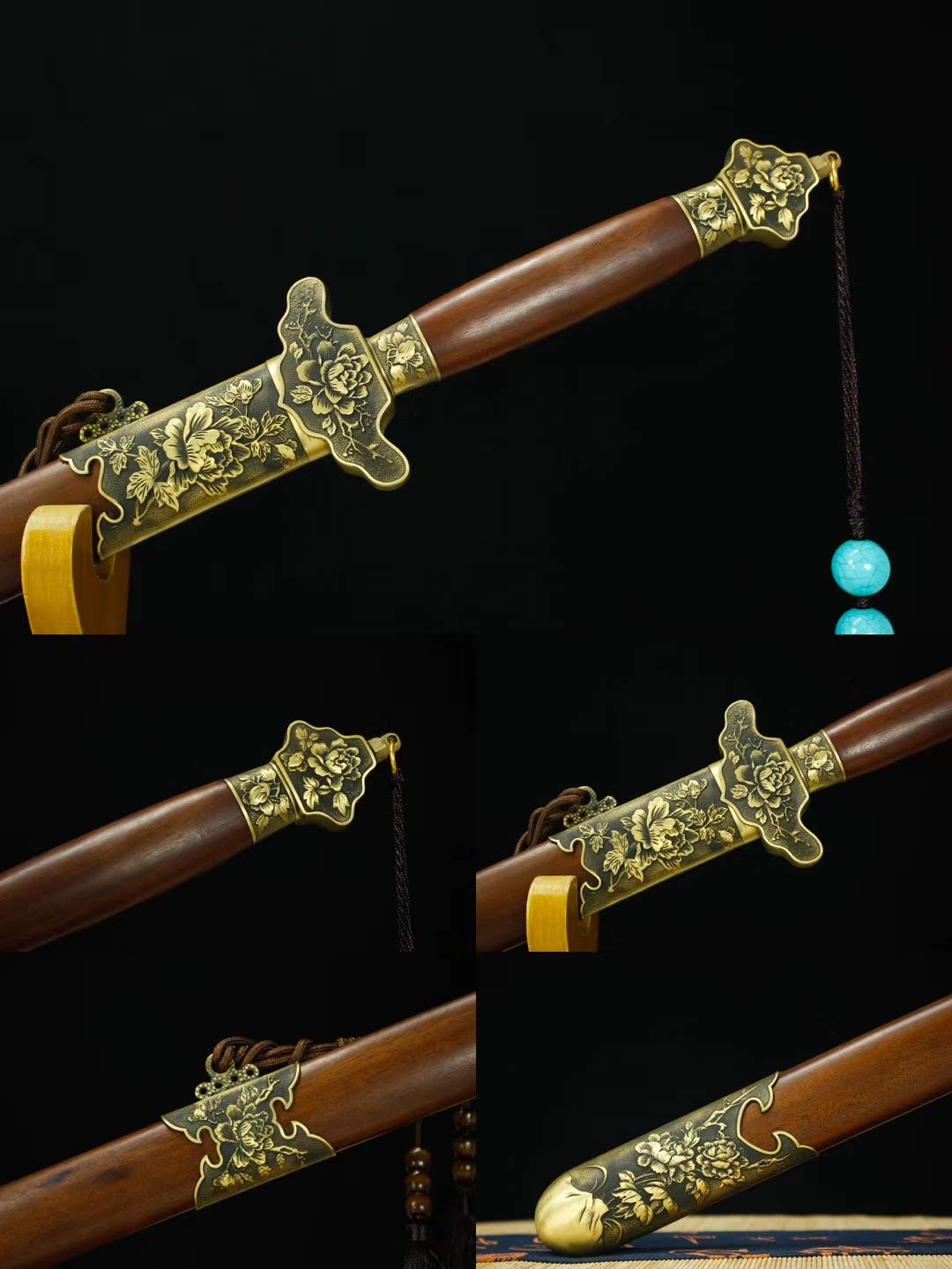 Hand-Forged Damascus Steel Peony Sword - Chinese Style Gift with Brass Fittings & Rosewood Handle (Full Tang) - Perfect for Martial Arts, Home Decor, and Collector's Display