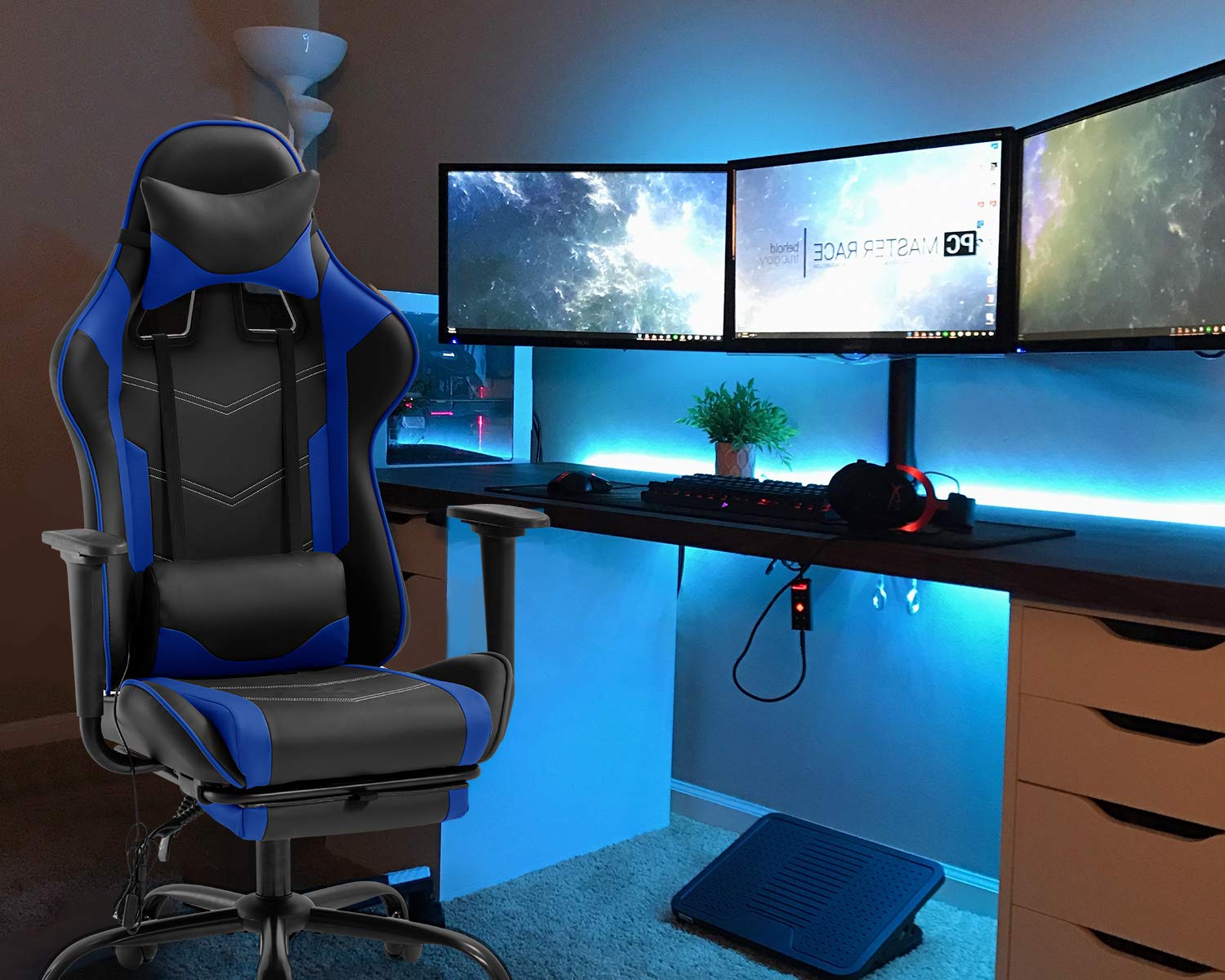 Ergonomic Gaming Chair with Headrest & Footrest - PU Leather Office Computer Desk Chair for Back Support - Adjustable Swivel Rolling Task Chair for PC Gaming, Work & Home Office Use - Blue