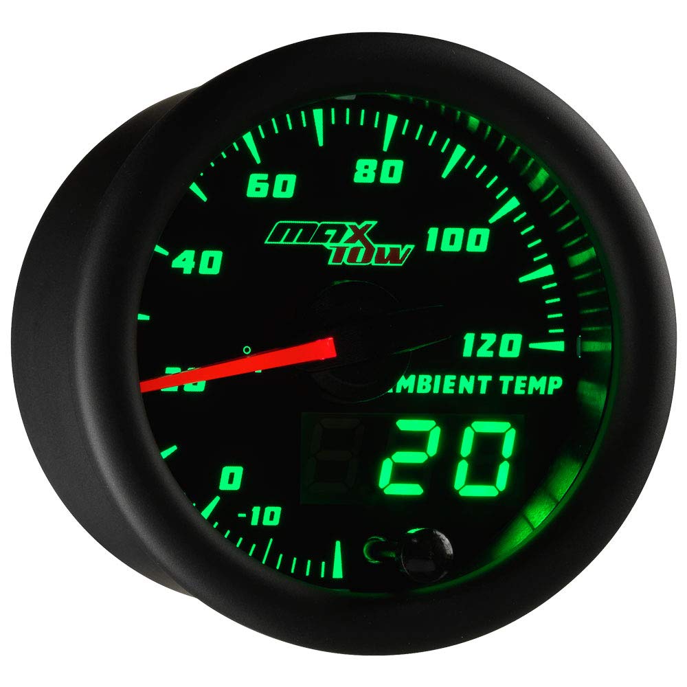 MaxTow Double Vision Ambient Air Temperature Gauge Kit - Accurate -20°F to 120°F Outdoor Temp Sensor - Black Face with Green LED Dial - Analog & Digital Display - 2-1/16