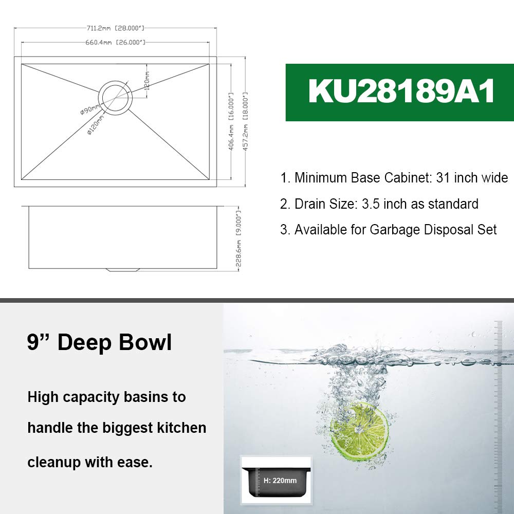 Kichae 28 Inch Undermount Kitchen Sink - 16 Gauge Stainless Steel Single Bowl with Round Corners, Perfect for Modern and Compact Kitchen Designs