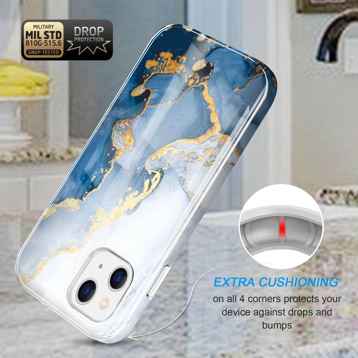 Luolnh Gold Glitter Sparkle iPhone 13 Case - Marble Design Shockproof Slim Soft Silicone TPU Bumper Cover for iPhone 13 6.1 Inch (2021) - White & Dark Blue - Perfect for Everyday Protection & Style