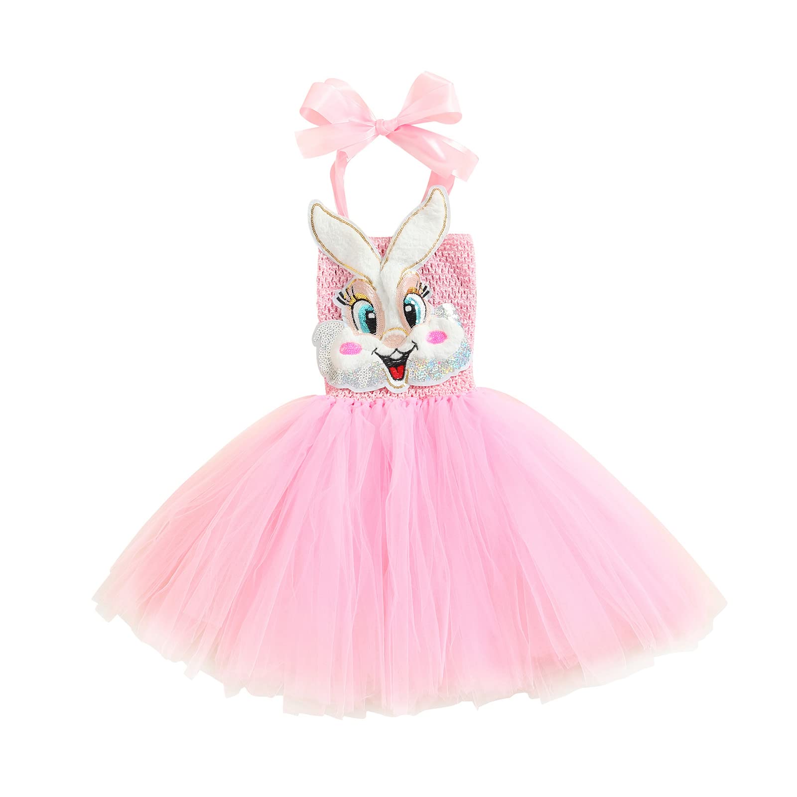 Votuleazi Toddler Girls Easter Bunny Dress - Pink Mesh Halter Tutu Dress with Back Tie-Up, Sleeveless - Perfect for Easter Photos, Spring Parties & Special Occasions