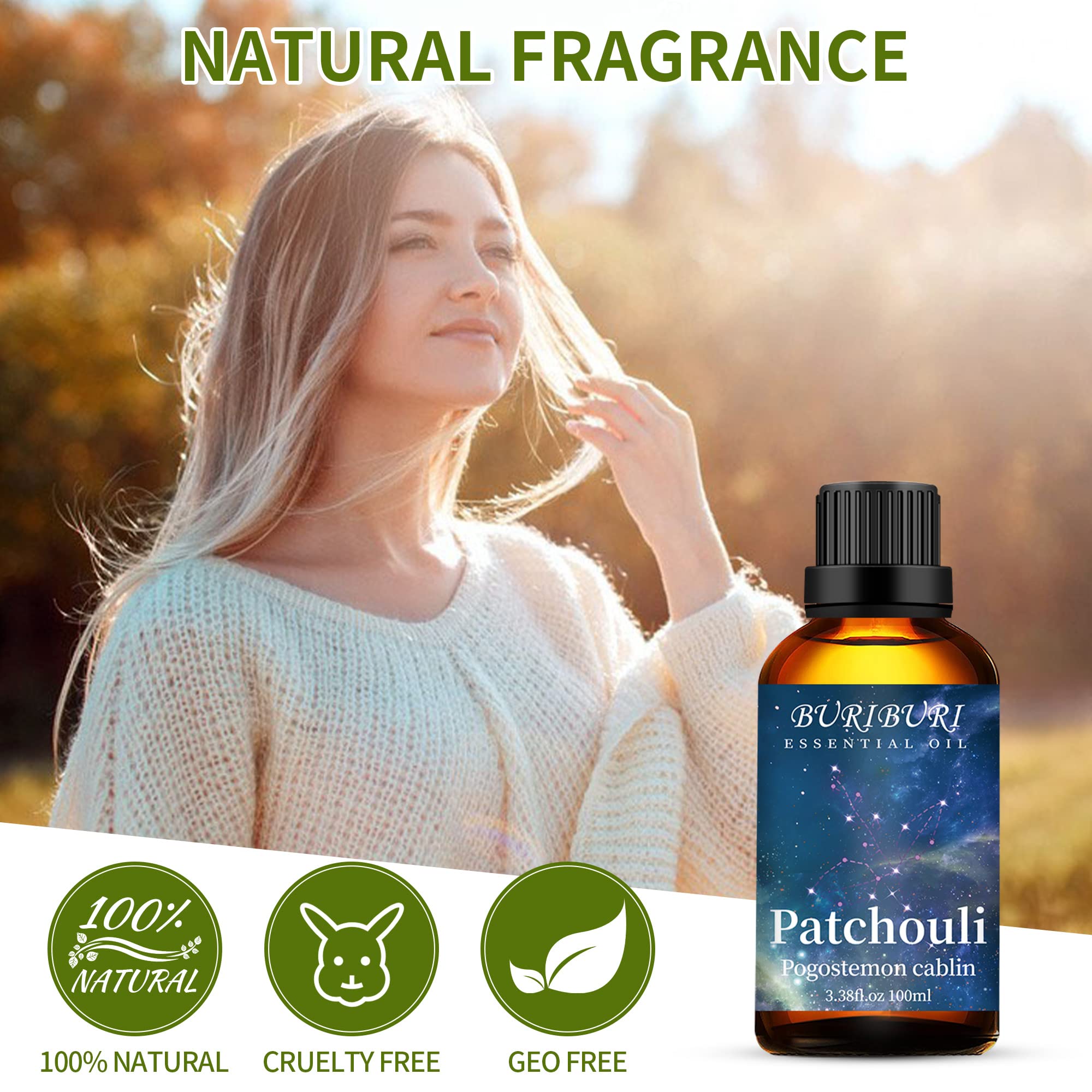 100% Pure Undiluted Patchouli Essential Oil - 100ML/3.38fl.oz for Aromatherapy, Soap Making, Candle Making, Massage, Diffuser & Humidifier | Relaxing Scent for Stress Relief, Meditation & Home Spa