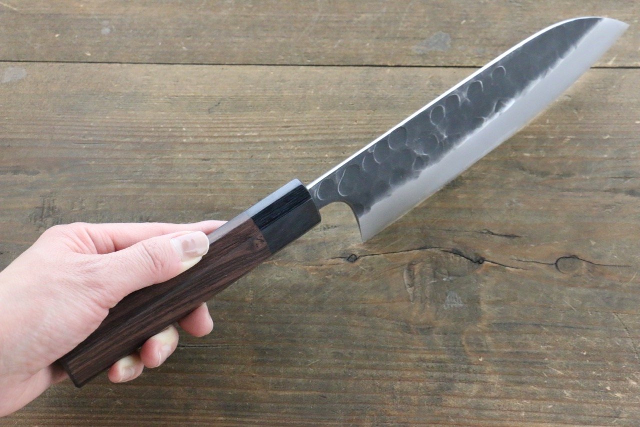 Premium Seisuke Blue Steel No.2 Hammered Kurouchi Santoku Knife 165mm with Shitan Handle - Japanese Kitchen Knife for Professional Chefs & Home Cooking, Perfect for Slicing, Dicing & Chopping Vegetables, Meat & Fish