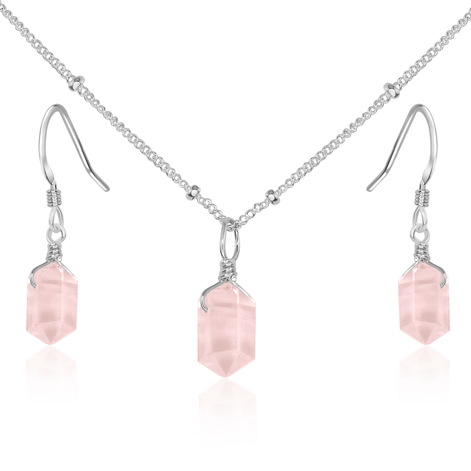 Rose Quartz Double Terminated Crystal Jewelry Set - Healing Stone Necklace & Earrings for Women - Perfect for Meditation, Energy Healing & Spiritual Gifts