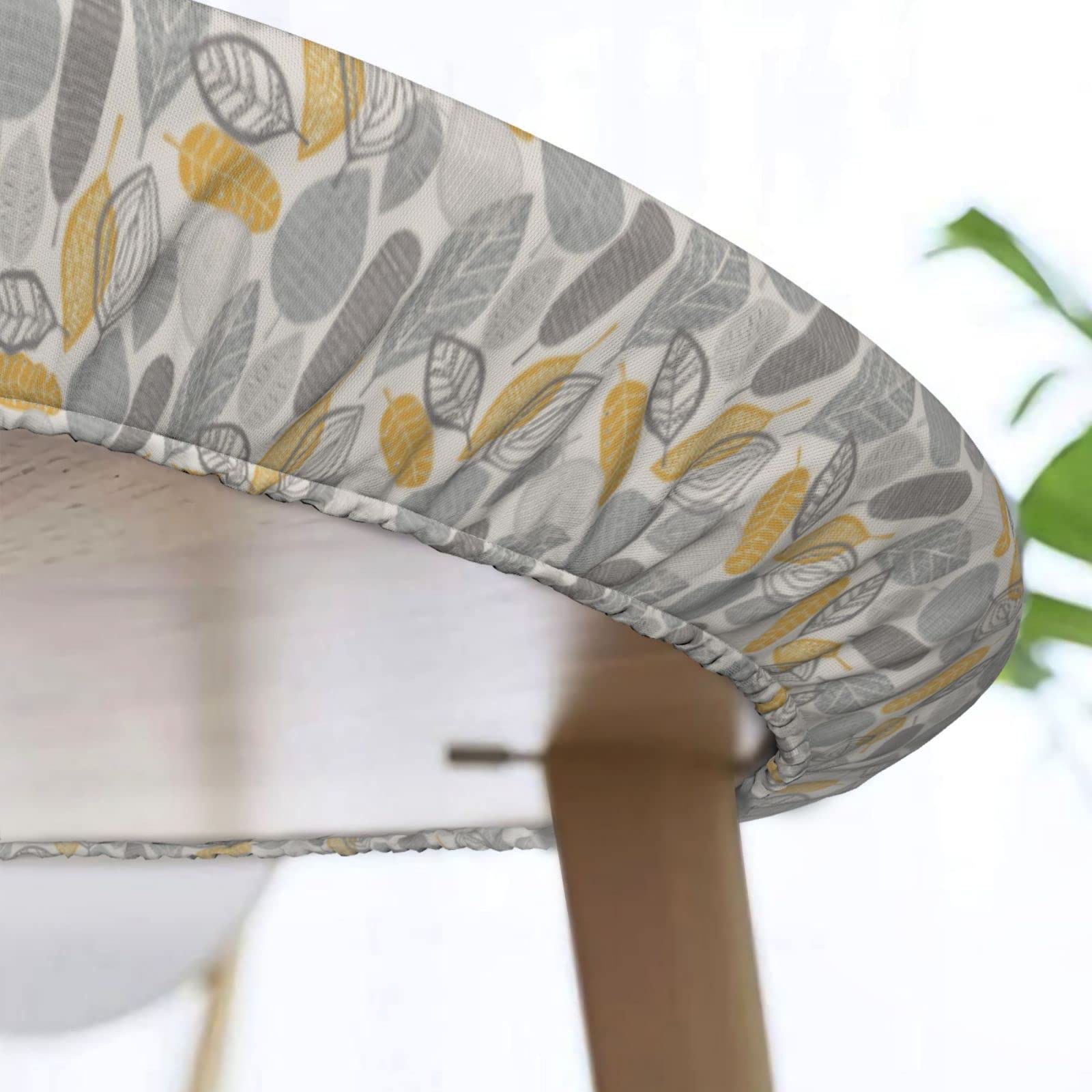 Waterproof Elastic Edged Round Fitted Tablecloth - Yellow Grey Leaves Design for 40