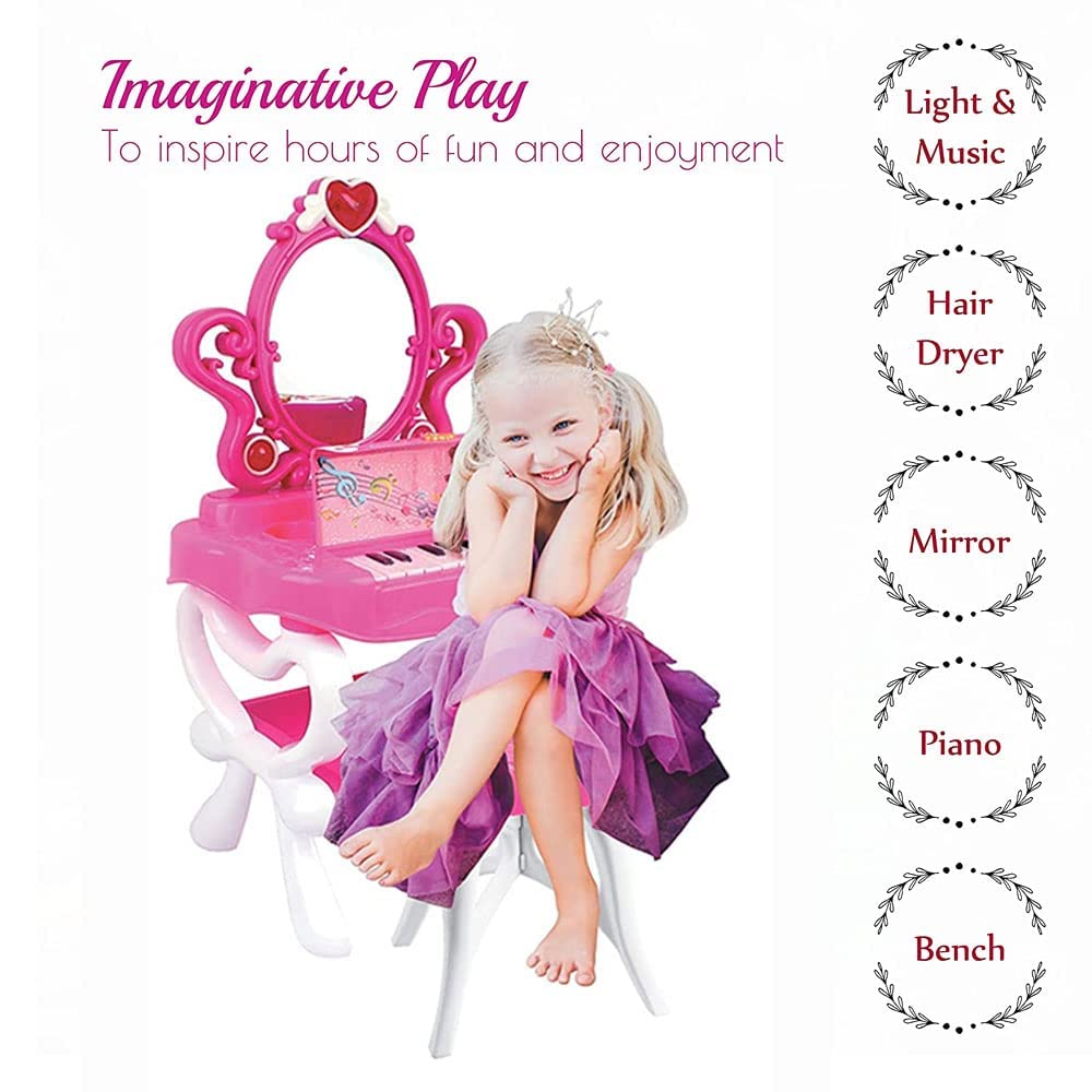 2-in-1 Princess Vanity Set with Working Piano & Hair Dryer - Pretend Play Makeup Toy for Girls (3-Piece Set) - Perfect for Birthday Gifts, Role Play & Dress-Up Games