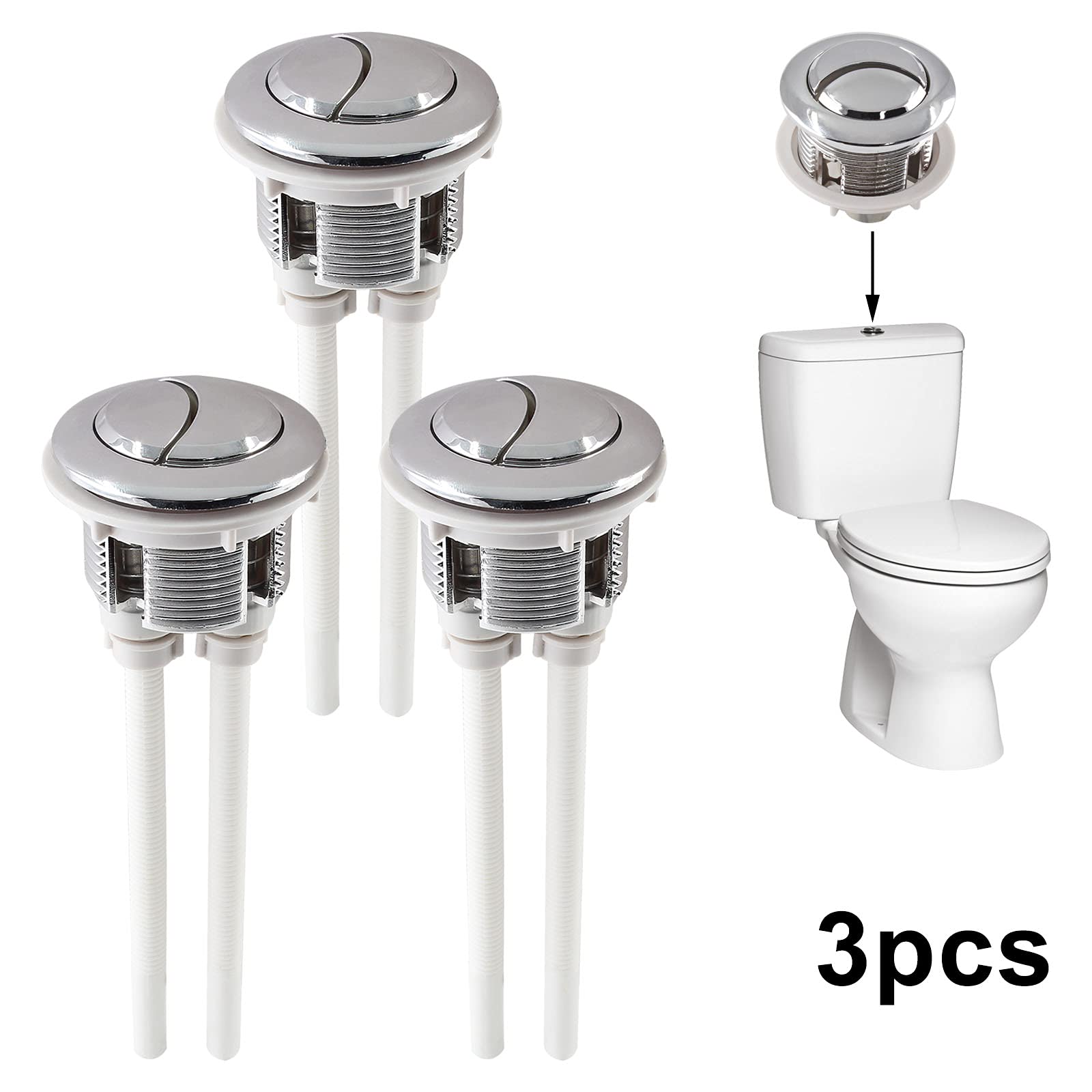Murtenze 3Pcs 1.5 Inch Toilet Tank Buttons - Dual Flush Round Plastic Threaded Replacement Buttons (38mm Diameter, Silver) - Perfect for Bathroom Renovation & Water Conservation