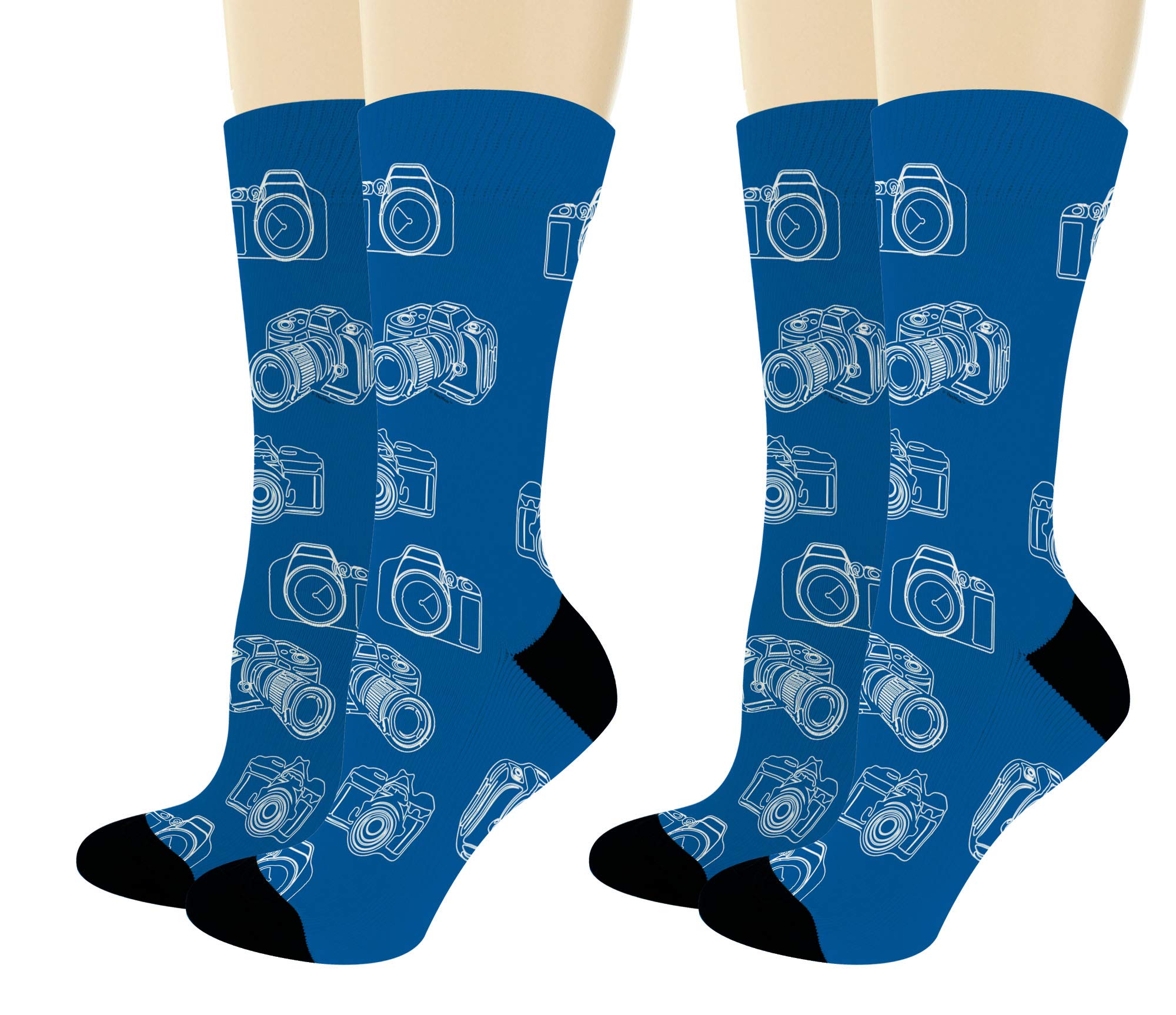Photographer Gifts - Blue & White Sketch Camera Print Novelty Crew Socks - Perfect for Camera Enthusiasts, Photography Lovers & Creative Professionals (Great for Birthdays, Holidays & Work Gifts)