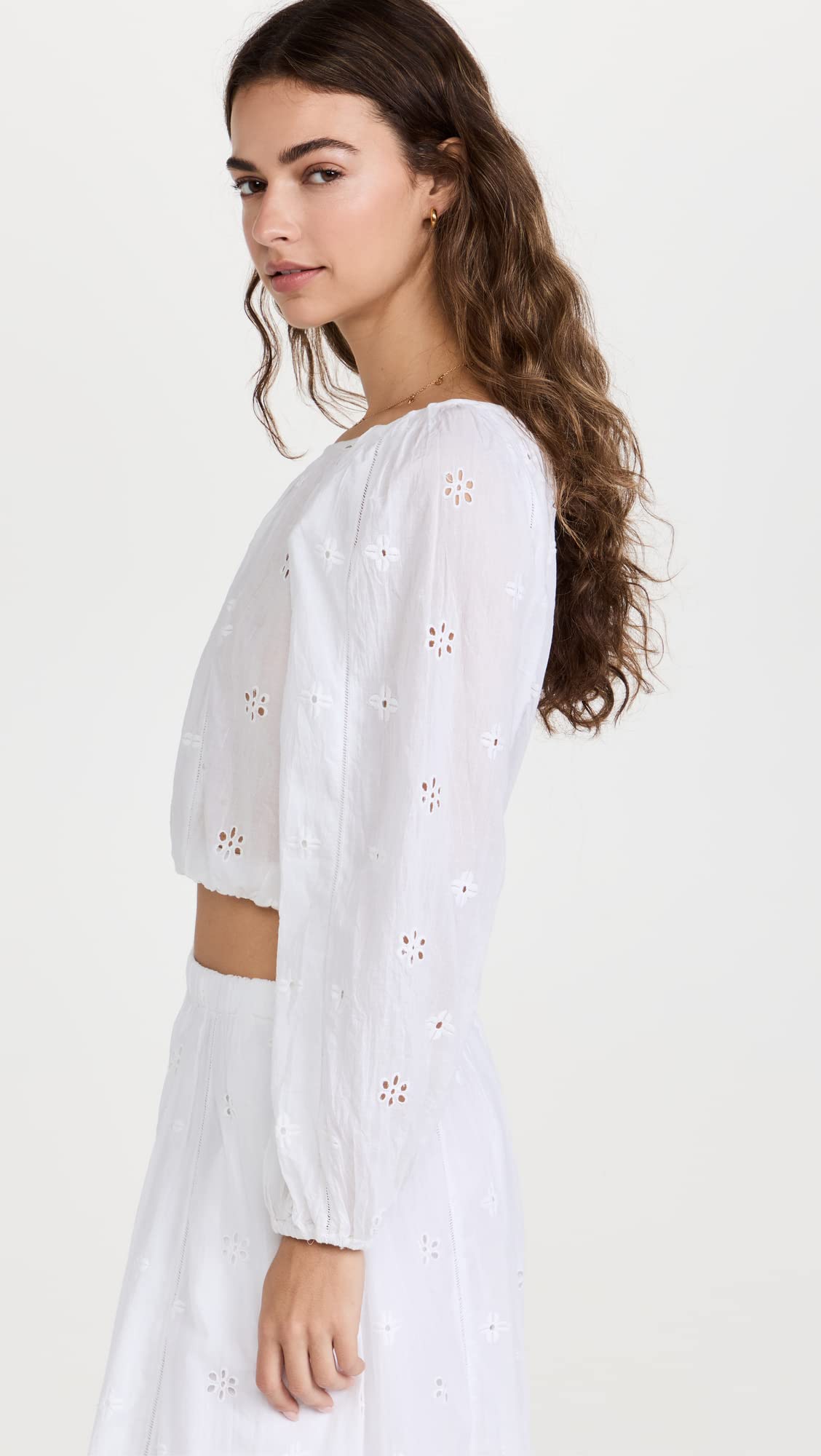 Velvet by Graham & Spencer Women's Yara Cotton Eyelet Cropped Long Sleeve Blouse - Breathable Summer Top for Casual Outings & Date Nights