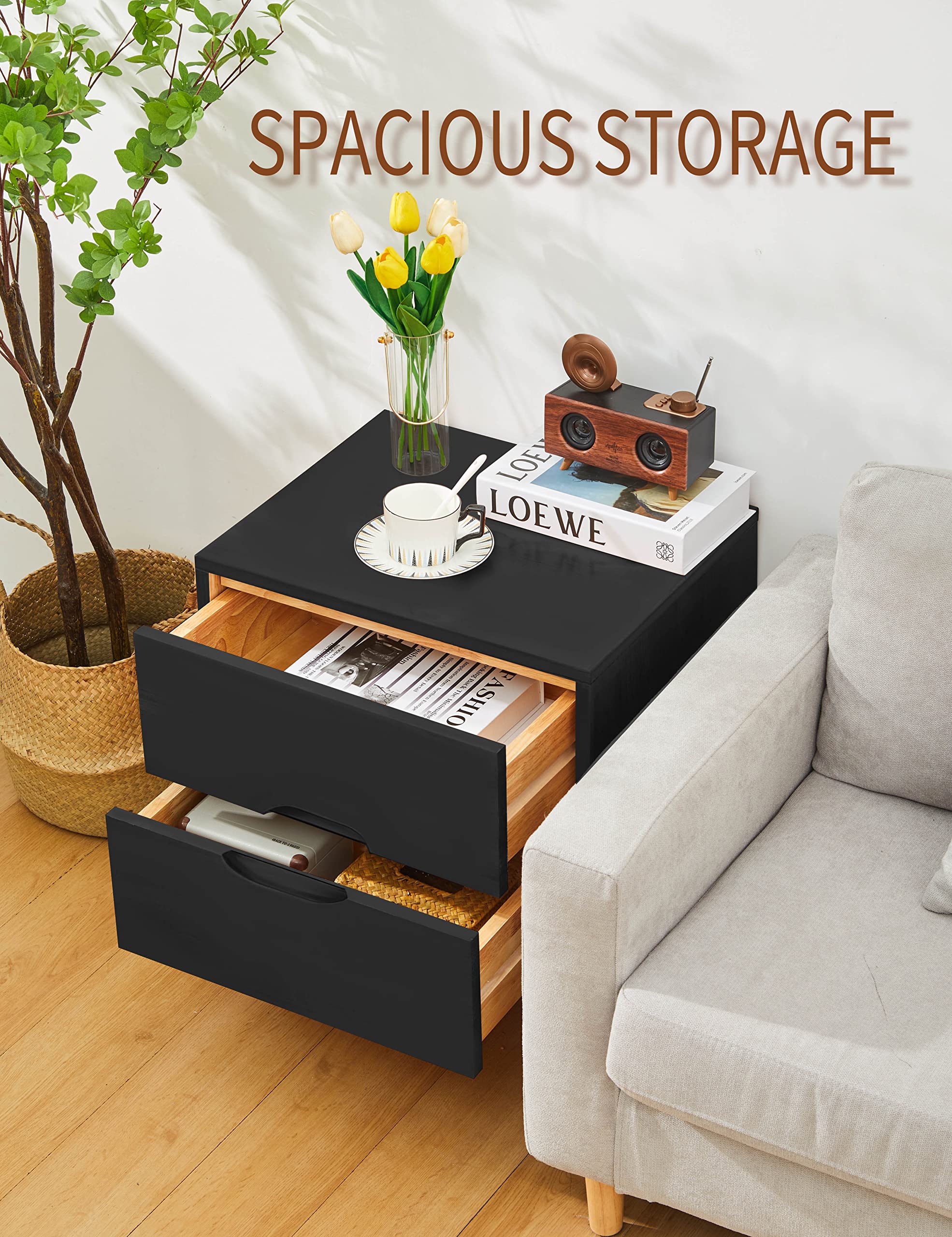 Mid Century Modern Nightstand with Grooved Handle, 2 Drawers & Shelf - Black Wood Bedside Table for Bedroom Storage | Perfect for Small Spaces, Guest Rooms & Apartment Living