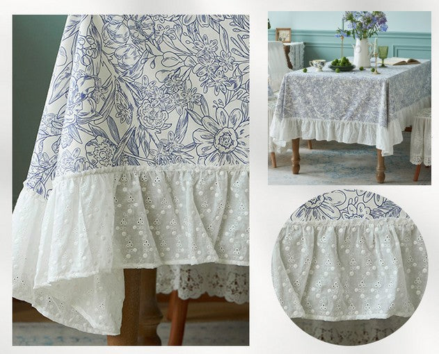 Natural Cotton Rectangle Tablecloth for Dining Room - Blue Floral Farmhouse Table Cover for Square or Round Tables | Perfect for Spring Decor, Dinner Parties & Everyday Use
