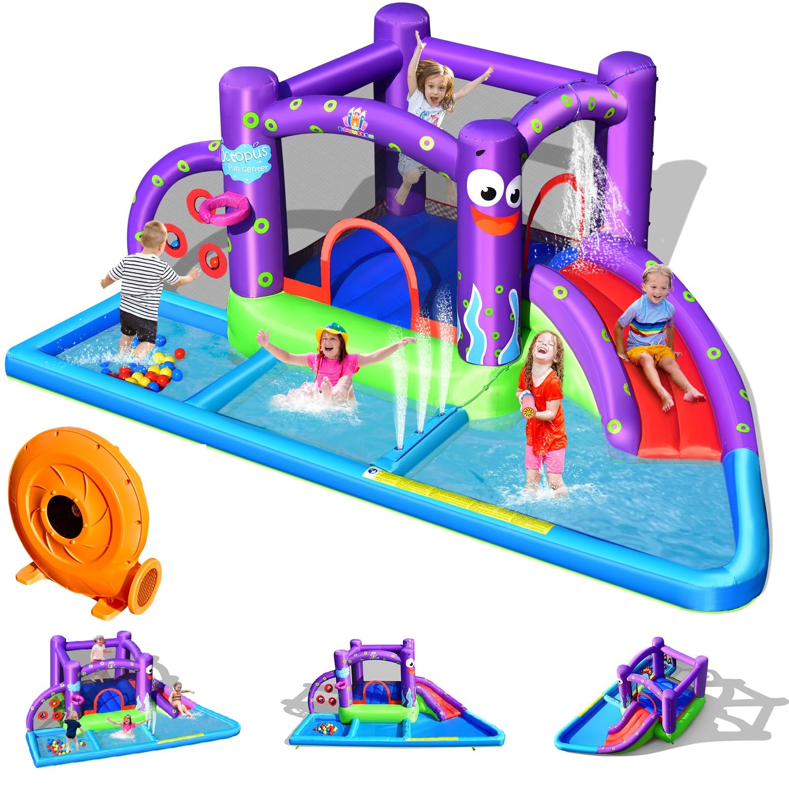 BOUNTECH Inflatable Water Slide with 3 Ball Pits & Splash Pool - 750W Blower Included - Outdoor Octopus Bounce House for Kids & Adults - Perfect for Backyard Parties, Summer Fun & Birthday Gifts