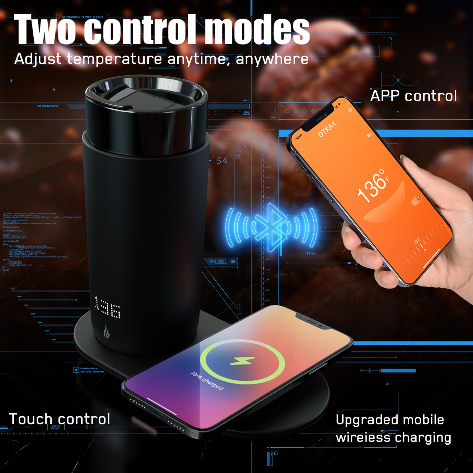 Smart Self-Heating Travel Coffee Mug - 12oz App-Controlled Temperature Control with LED Display | Keeps Coffee Hot for 4-10 Hours | Wireless Charger Base Included | Perfect for Office, Commuting & Outdoor Use | Iron Black