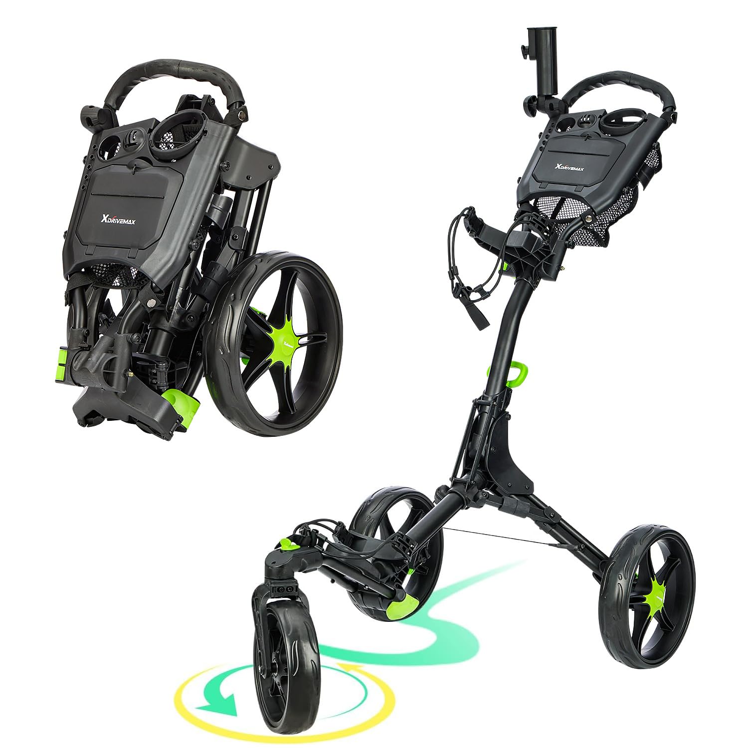 GC03 360° Rotating 3-Wheel Golf Push Cart - Foldable & Lightweight Golf Pull Cart with Umbrella Holder & Premium Storage Bag - Perfect for Golf Course, Driving Range & Outdoor Practice