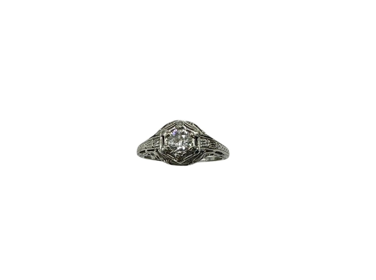 Vintage 18K White Gold Art Deco Filigree Diamond Ring - Elegant Antique Jewelry for Women, Perfect for Weddings, Anniversaries & Special Occasions