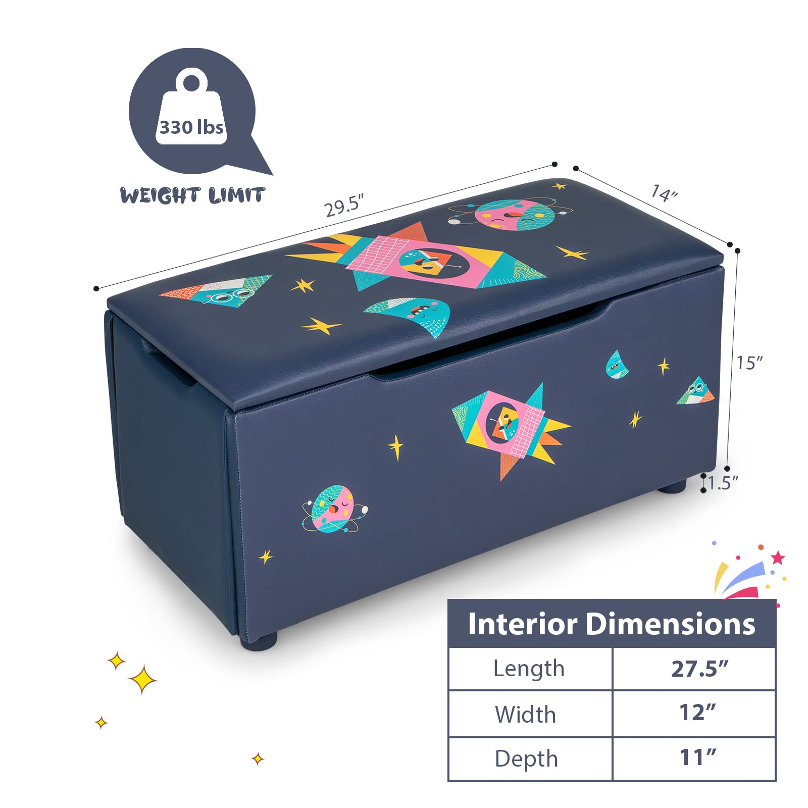 HONEY JOY Kids Wooden Toy Storage Box - 2-in-1 Large Toy Chest with Padded Seat, Carry Handles & Faux Leather Cover - Nursery, Bedroom, Playroom Organizer - Perfect for Toy Storage and Extra Seating in Kids Rooms (Astronaut Design)