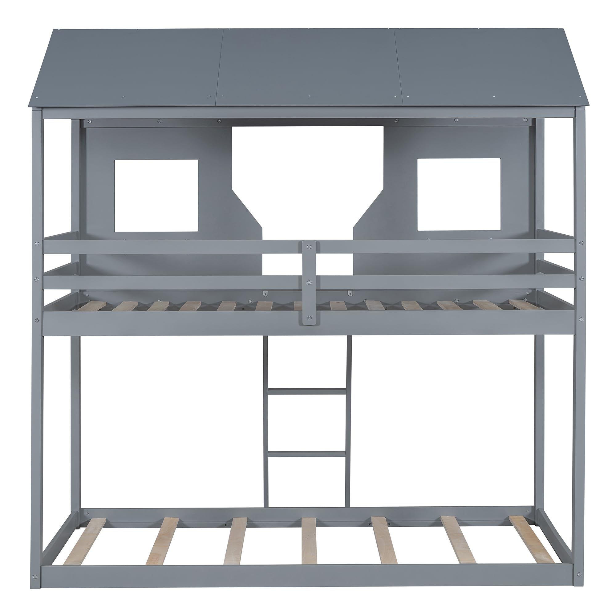 Polibi Twin-Over-Twin Wooden Bunk Bed with Playhouse Design - Farmhouse Style Kids Bunk Bed with Ladder & Safety Guardrails - Space-Saving Grey Bunk Bed for Kids' Bedroom, Playroom or Small Spaces