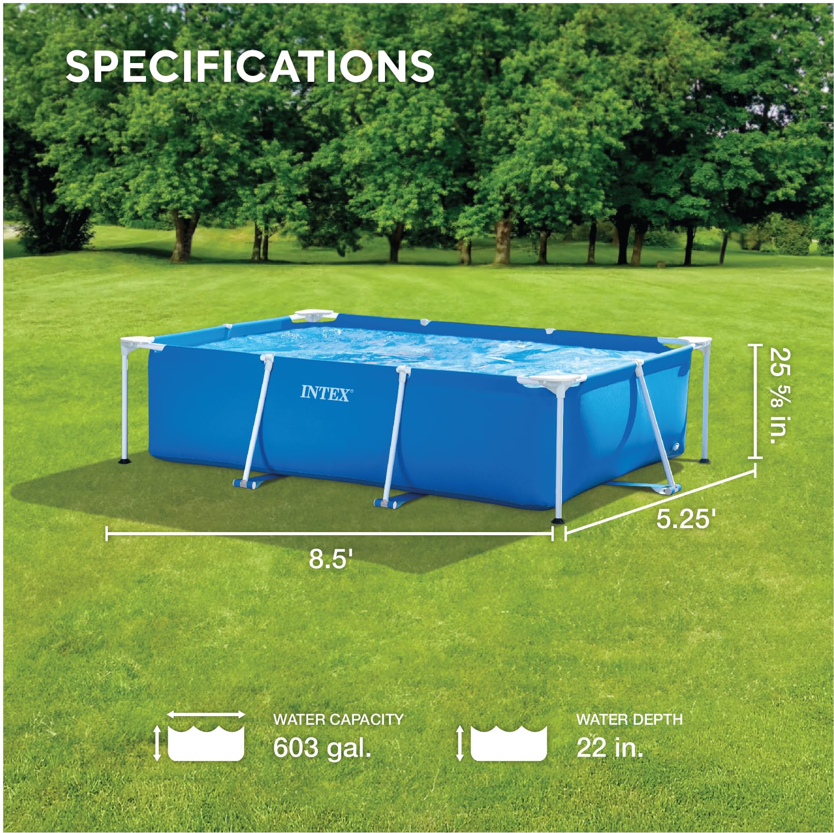 Intex 8.5ft x 26in Rectangular Frame Above Ground Swimming Pool for Kids & Adults - Outdoor Backyard Summer Water Fun for Ages 6+