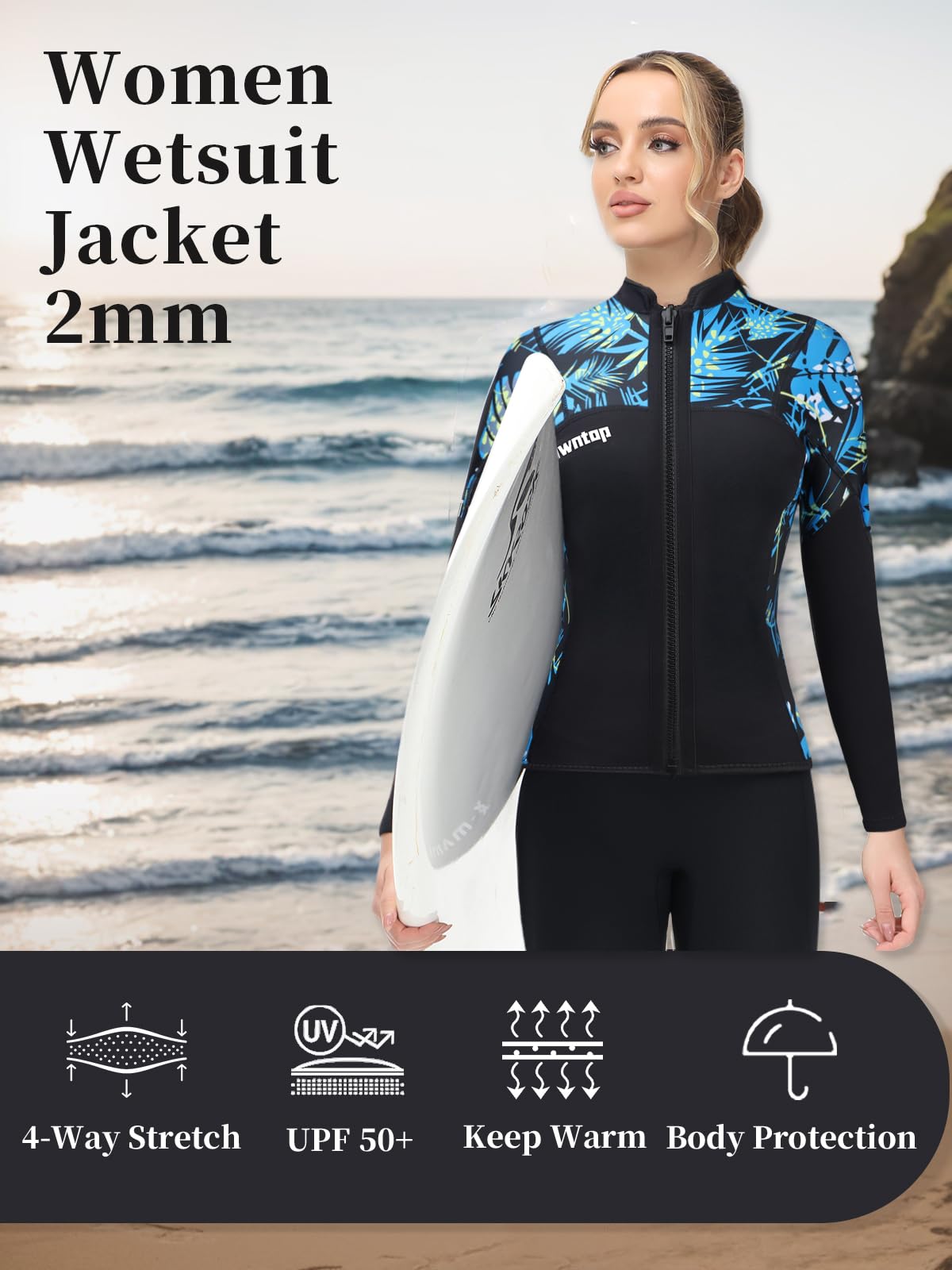 Owntop 2MM Neoprene Wetsuit Top for Women & Men - Long Sleeve Front Zipper Swimwear for Swimming, Diving, Surfing & Water Sports | Flexible Comfort Fit | Perfect for Beach Activities, Snorkeling & Cold Water Protection