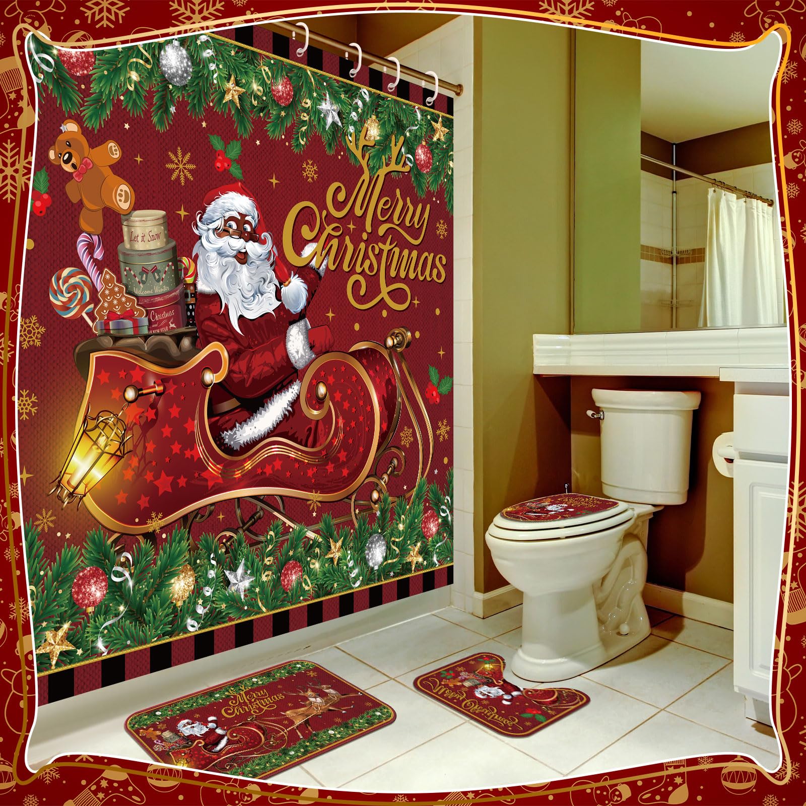 4-Piece Black Afro Santa Christmas Shower Curtain Set with Non-Slip Bath Mat, Toilet Cover & 12 Hooks - Festive Holiday Bathroom Decor for Xmas, Kwanzaa & Winter Celebrations