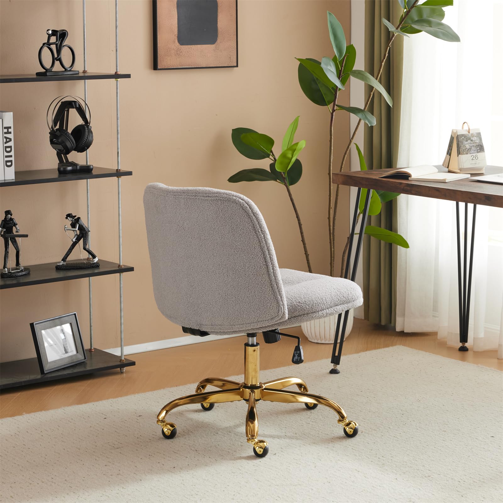 VINGLI Ergonomic Wide Criss Cross Leg Office Chair with Lumbar Pillow - Gold Base Swivel Desk Chair for Home Office & Bedroom, Adjustable Dual-Use Design (Wheels Optional), Soft Teddy Fleece Gray Fabric - Perfect for Long Work Sessions, Gaming & Vanity Makeup Areas