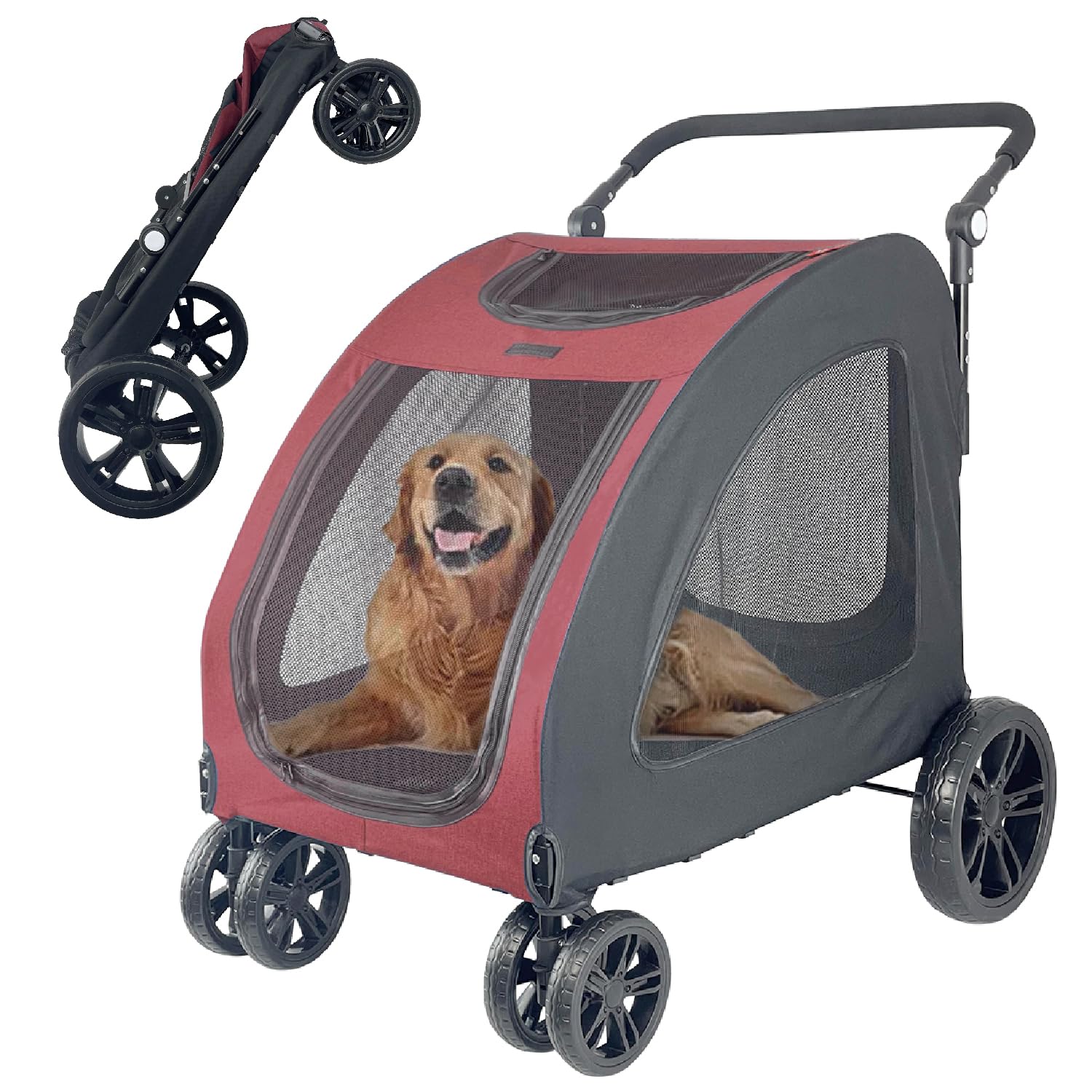 Foldable Pet Jogger Stroller for Large Dogs up to 110 lbs - Heavy Duty Universal Wheel Dog Stroller for Single or Multiple Medium & Large Breed Dogs (Red) - Perfect for Jogging, Hiking, Beach & Outdoor Adventures