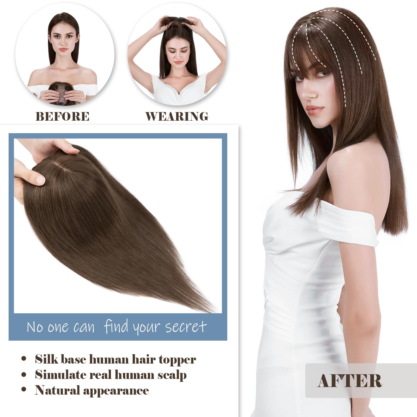 Clip In Hair Toppers for Women - 18 Inch Human Hair Topper with Bangs & Silk Base | Remy Clip-On Toupee Wiglet for Thinning Hair & Hair Loss | 53g #2 Dark Brown | Perfect for Daily Wear, Special Occasions & Hair Volume Enhancement