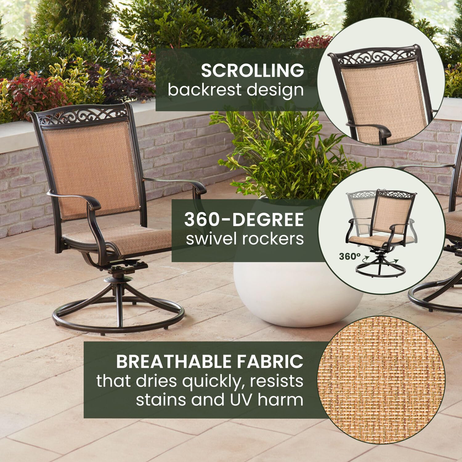 Hanover Fontana 5-Piece Outdoor Patio Dining Set with PVC Tan Sling Swivel Rocker Chairs & 48