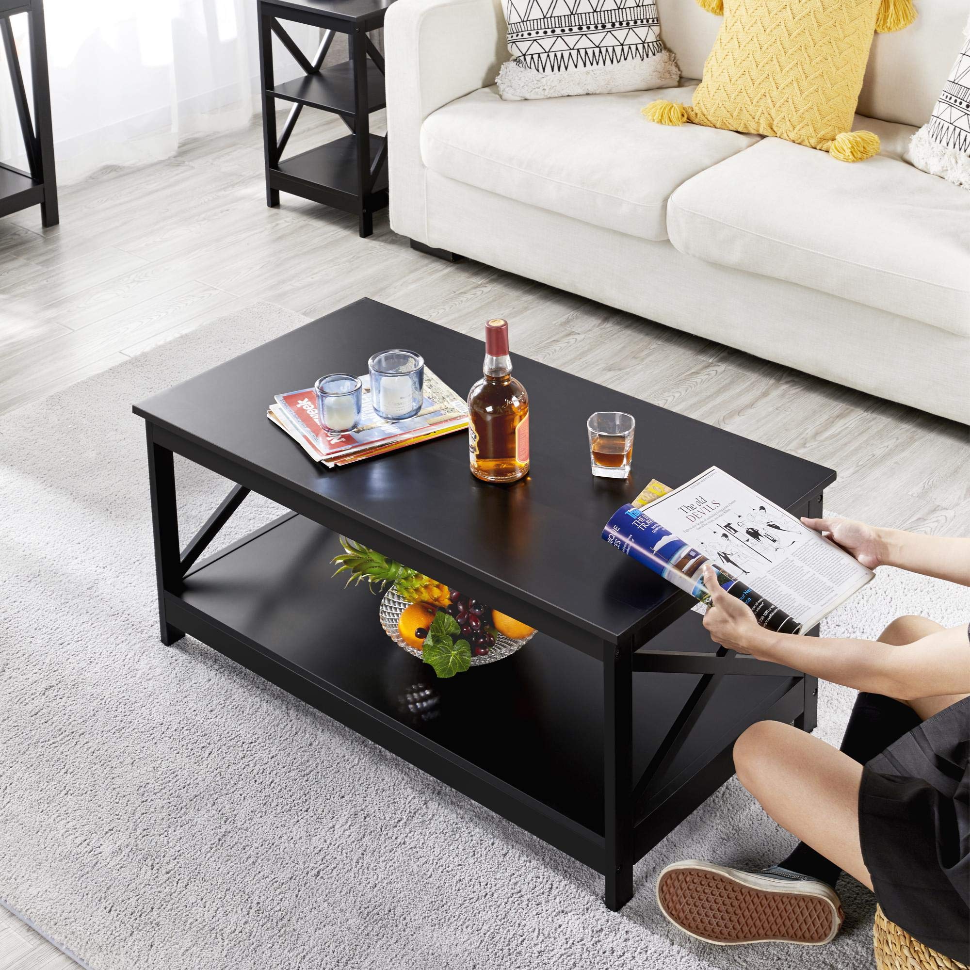 Modern X Design Coffee Table with Storage Shelf - Black Cocktail Table for Living Room | Stylish & Functional Home Furniture for Small Spaces, Apartments & Entertainment Areas