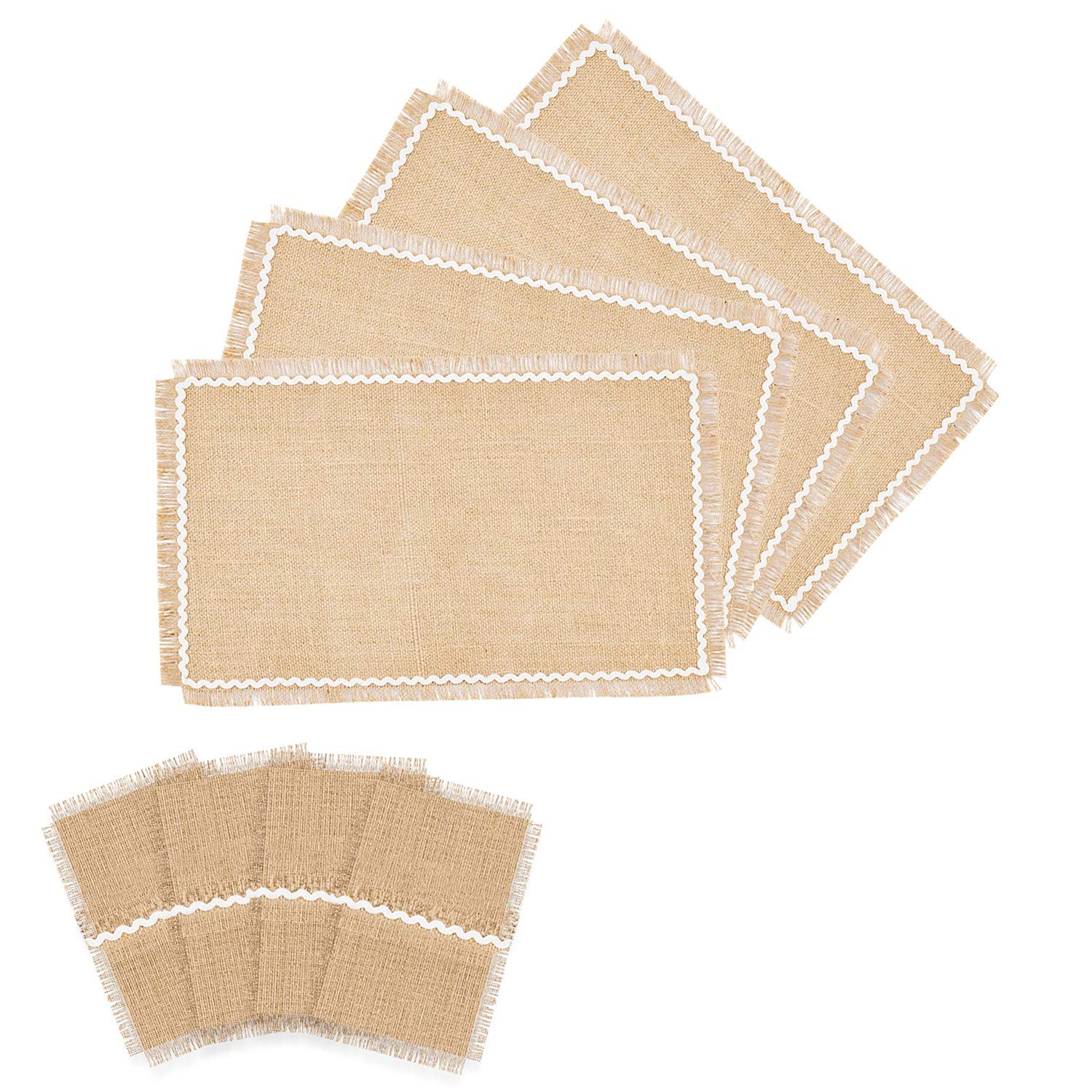 Rustic Ruffle Burlap Jute Placemats Set of 4 - Natural Table Mats for Dining Room, Coffee Table, Thanksgiving & Easter Decor - Home Décor with Cutlery Holder (White) | Perfect for Farmhouse Style Dining, Holiday Gatherings & Everyday Use