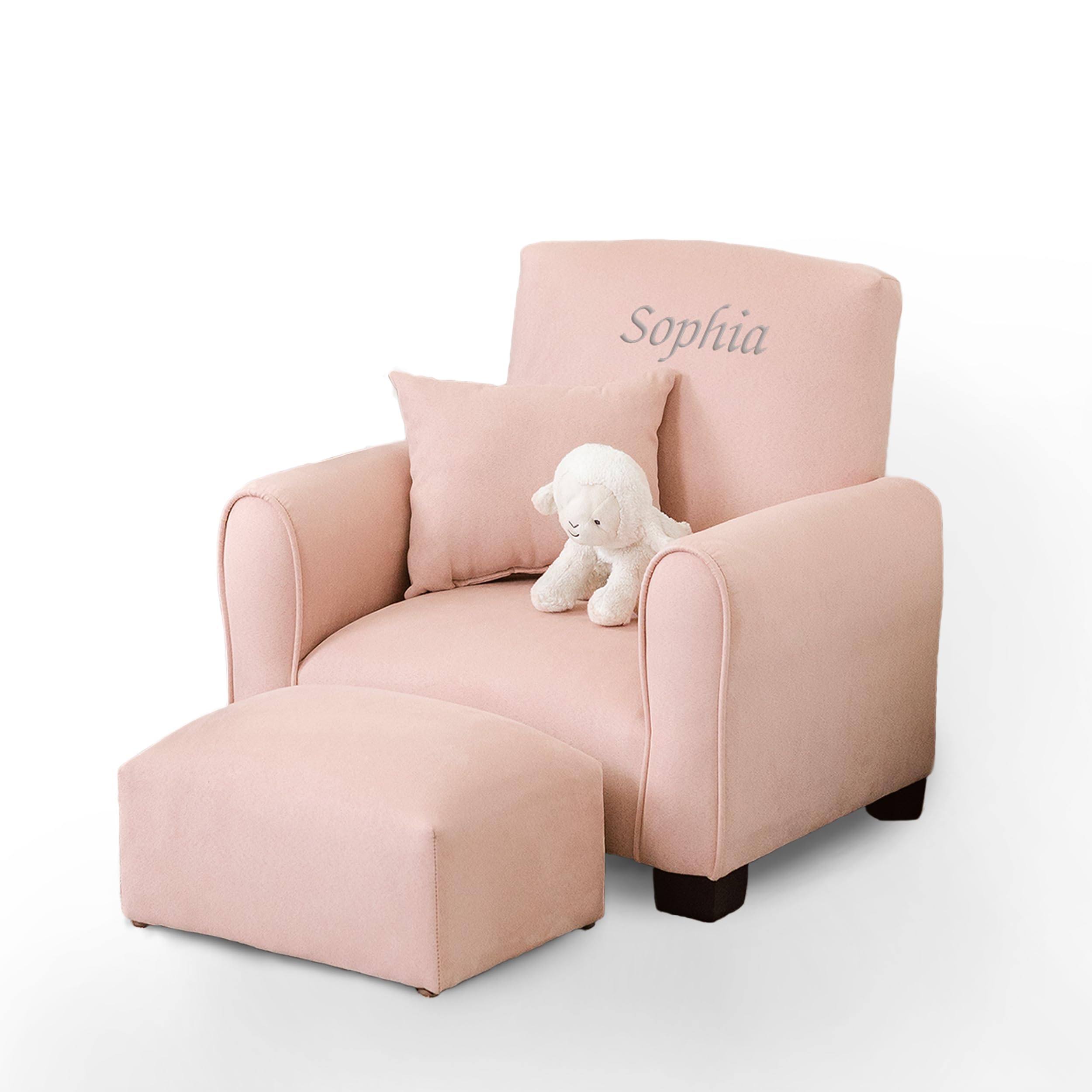 Personalized Kids Upholstered Rocking Chair with Name - Blush Suede Toddler Armchair with Wooden Legs (KC100L-PN) - Perfect for Nursery, Bedroom, Playroom & Gift Giving