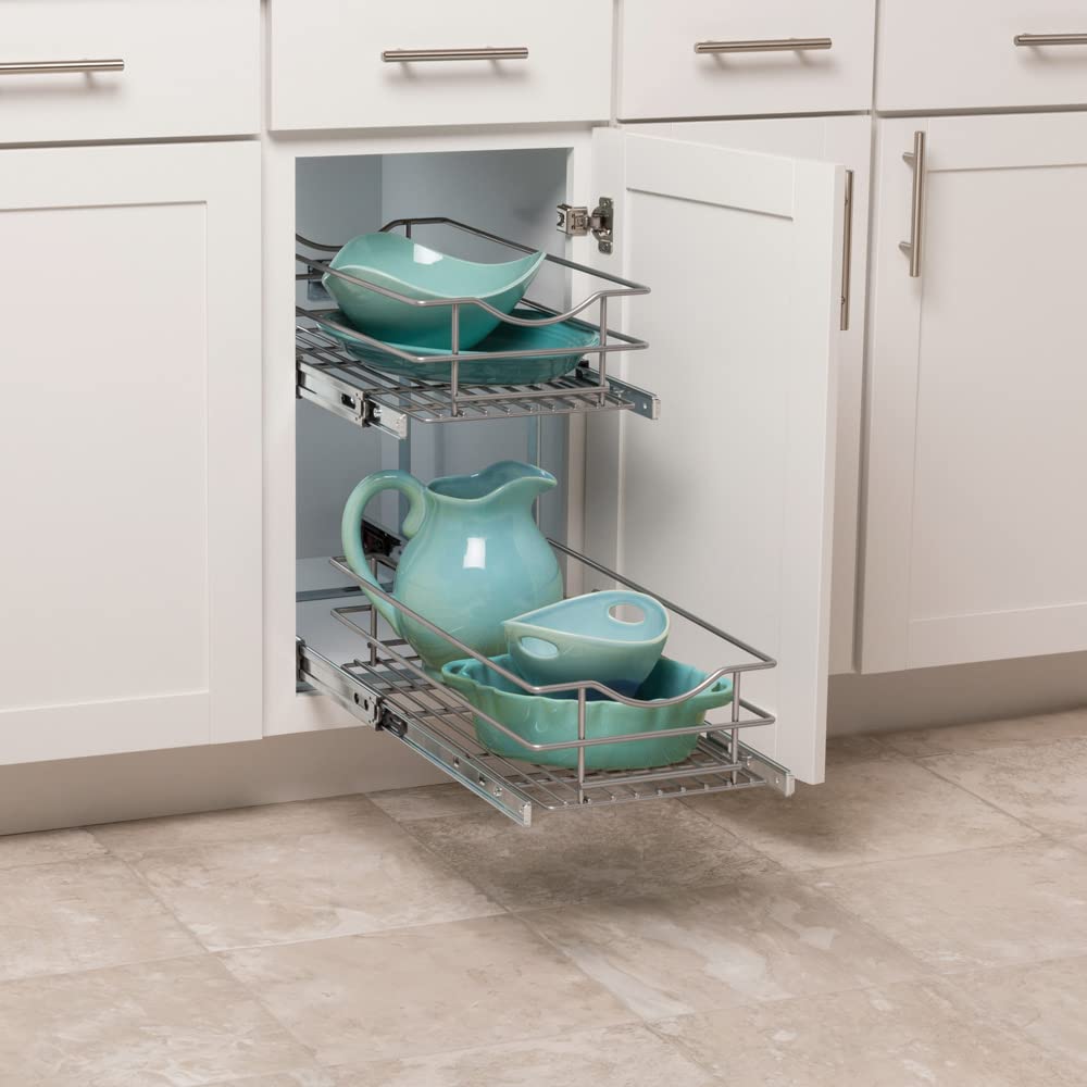Knape & Vogt Simply Put 11-inch Wide x 19.2-inch Tall 2-Tier Pull Out Cabinet Basket Organizer in Frosted Nickel - Perfect for Kitchen, Bathroom & Pantry Storage Solutions